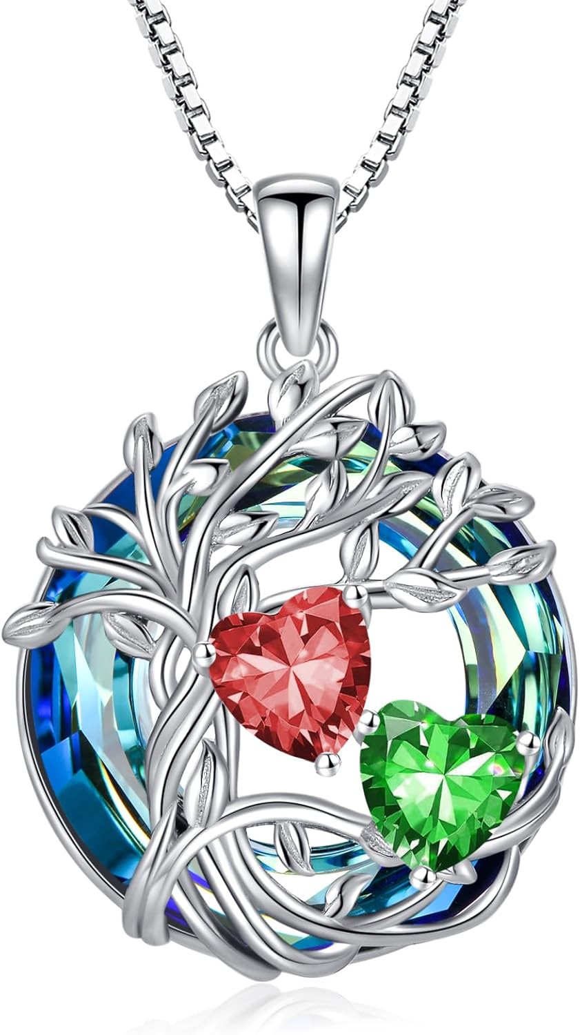 TOUPOP s925 Sterling Silver Family Celtic Tree of Life Pendant Necklaces with 2 Heart Birthstone with Blue Austrian Crystal Jewelry Birthday Valentines Day Gifts for Her, Anniversary Christmas Gifts for Wife Girlfriend Mom (18K Real White Gold Filled)