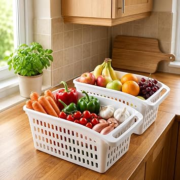 2'li Beyaz Plastik Organizer Sepet, 30x17x15 cm Kulplu Dolap İçi Düzenleyici, Mutfak Buzdolabı Raf Sepeti, Sebze, Meyve, Erzak ve Çok Amaçlı Saklama Kabı
