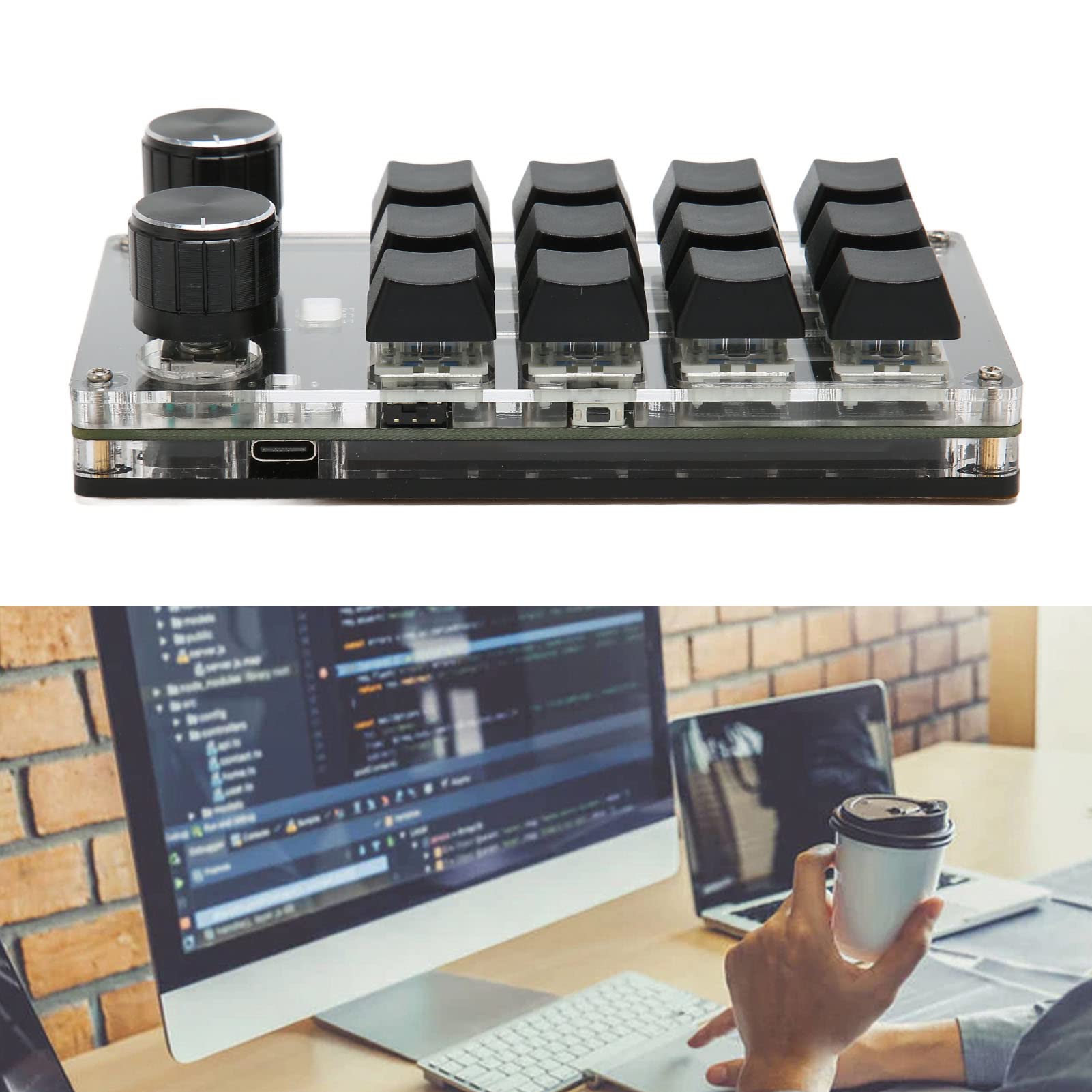 Midi Controller, 12 Keys 2 Knobs Macro Pad Usb Or Bt Connection Blue Switch 1200mah Lithium Ion Battery Programmable Keypad for Gaming Office Media (Black) - Image 2