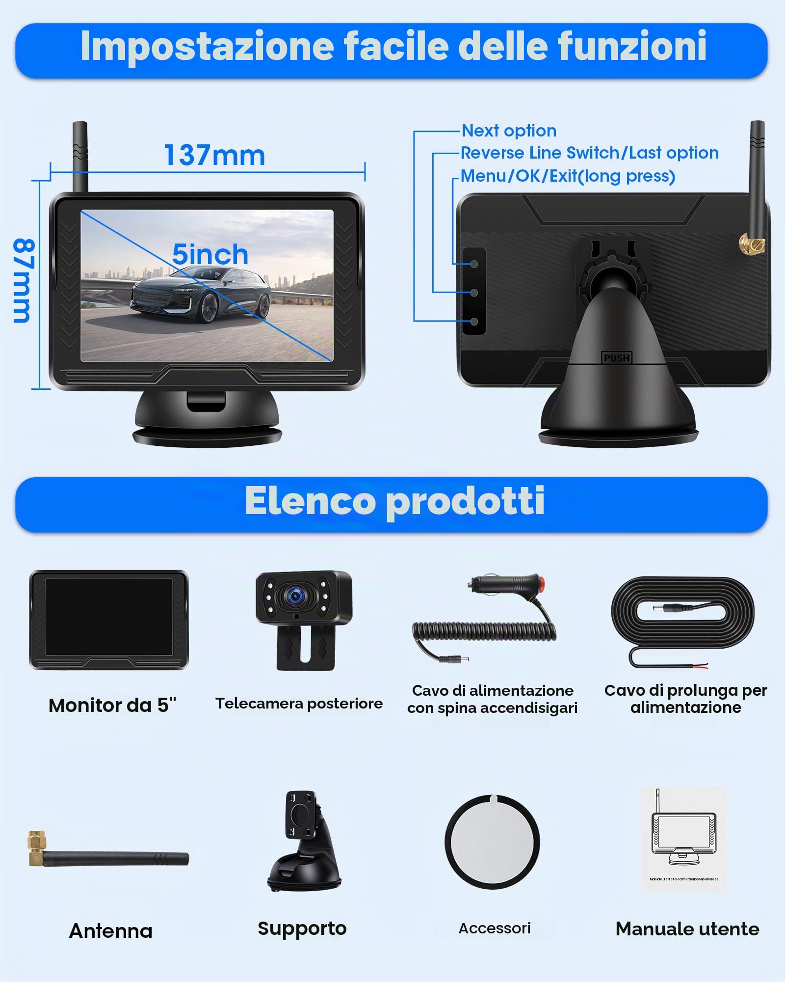 AHD 1080P Retrocamera Auto Wireless Immagine Stabile con 5 '' Monitor | Telecamera Retromarcia Wireless 6 LED Telecamera Posteriore Senza Fili Visione Notturna 170°Grandangolo per DC 12V Camion SUV