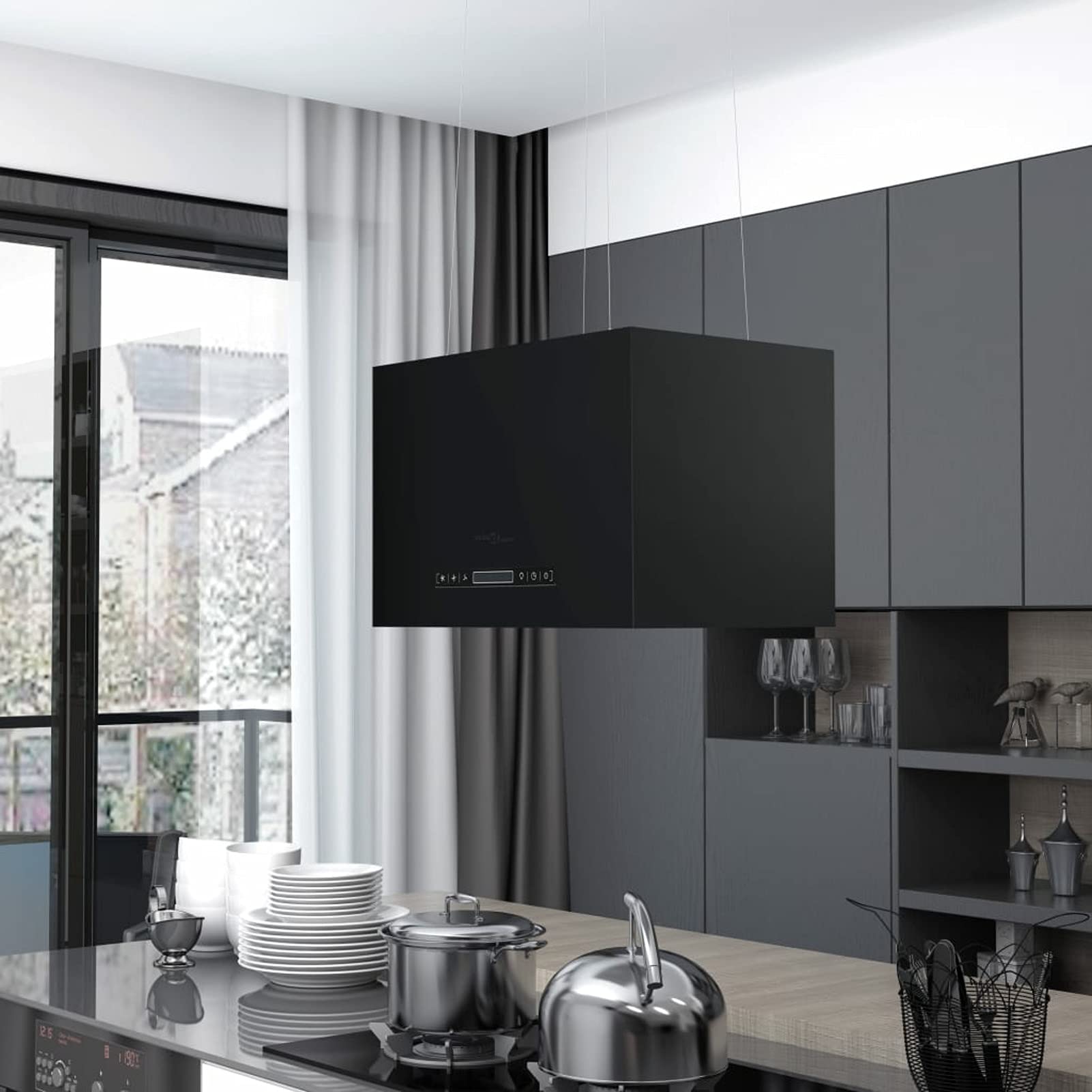 Cappa da Cucina ad Isola Sospesa LCD con Sensore 55 cm Acciaio Argento/Nero 55x37 cm 180 W 220-240 V, 50/60 Hz,Cappa Aspirante,Cappa a Isola