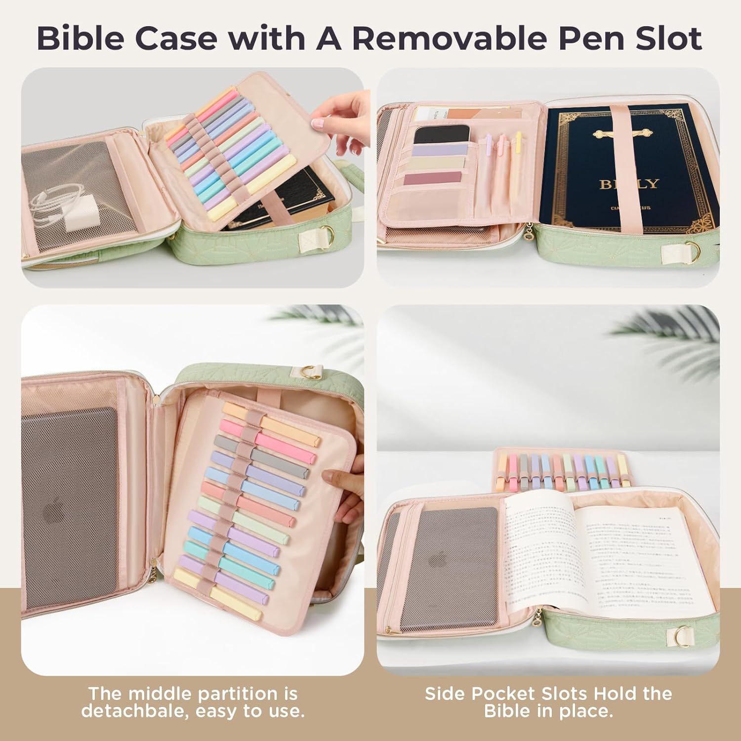 Bible Cover Case for Women Bible Study Kit with Highlighters Tabs, Large Bible Bag with Annotation Kit, Bible Carrying Case for Women with Shoulder Strap Church Bags with Journaling Kit (Green, Large) - Image 2