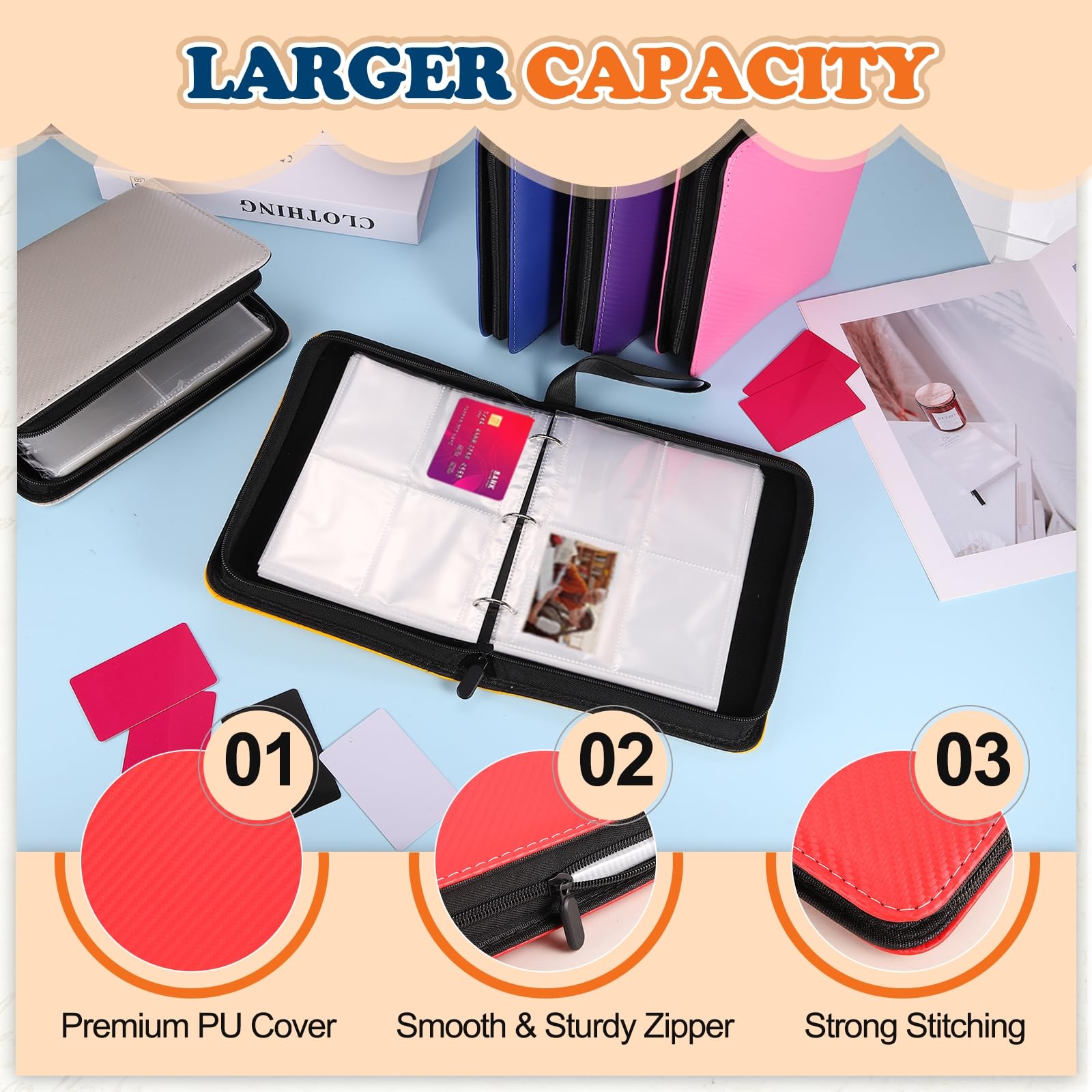 uxcell Raccoglitore per carte collezionabili a 4 tasche, contiene 400 caricatori superiori, copertina in poliuretano leggero con cerniera, raccoglitore per carte rigide da 6,6 x 7,6 cm, per carte da