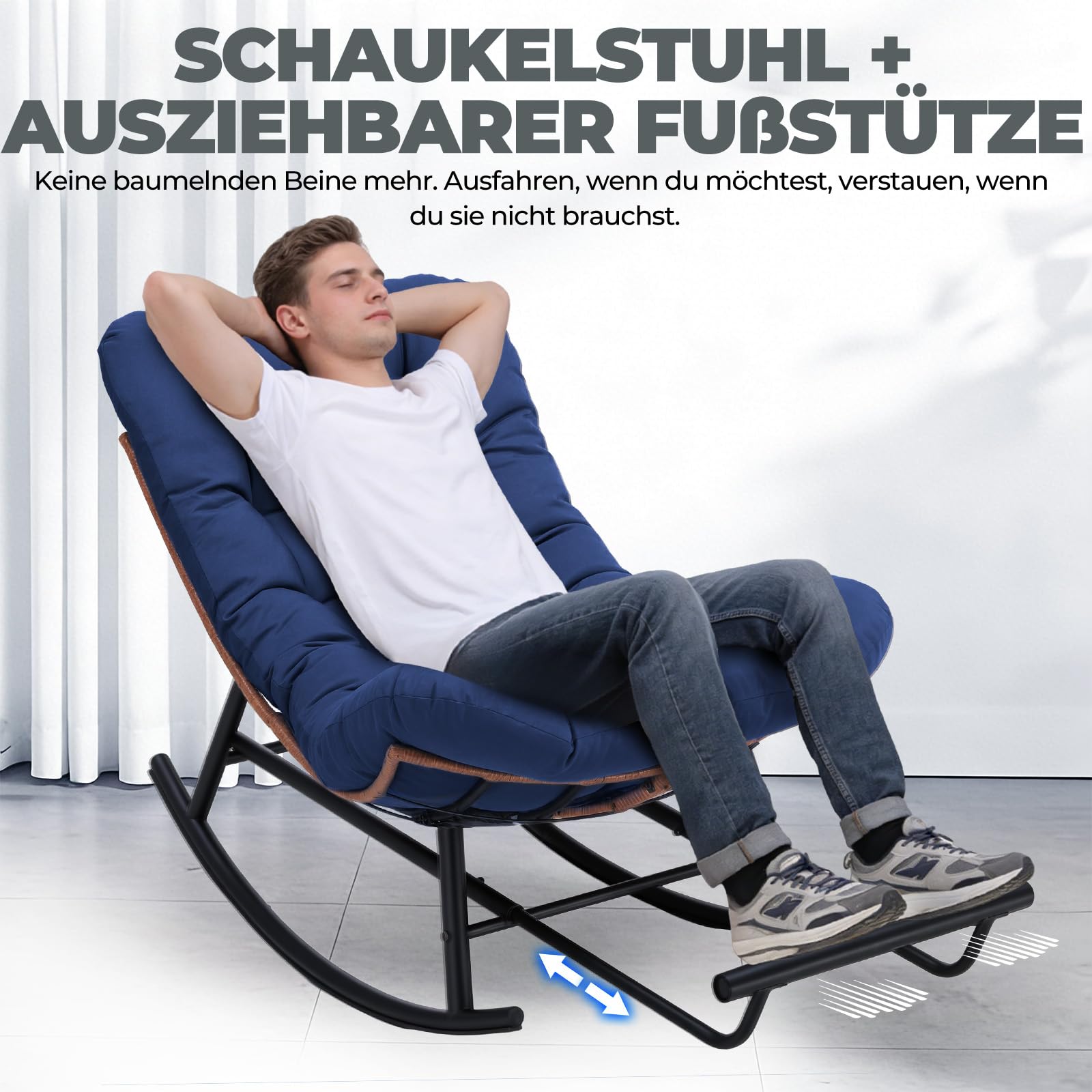 COMHOMA Übergroßer Schaukelstuhl, breite Schaukelliege mit extra dickem Sitzkissen, bequemer Loungesitz für den Innen- und Außenbereich, Wohnzimmer, Terrasse, Garten, Veranda (blau)