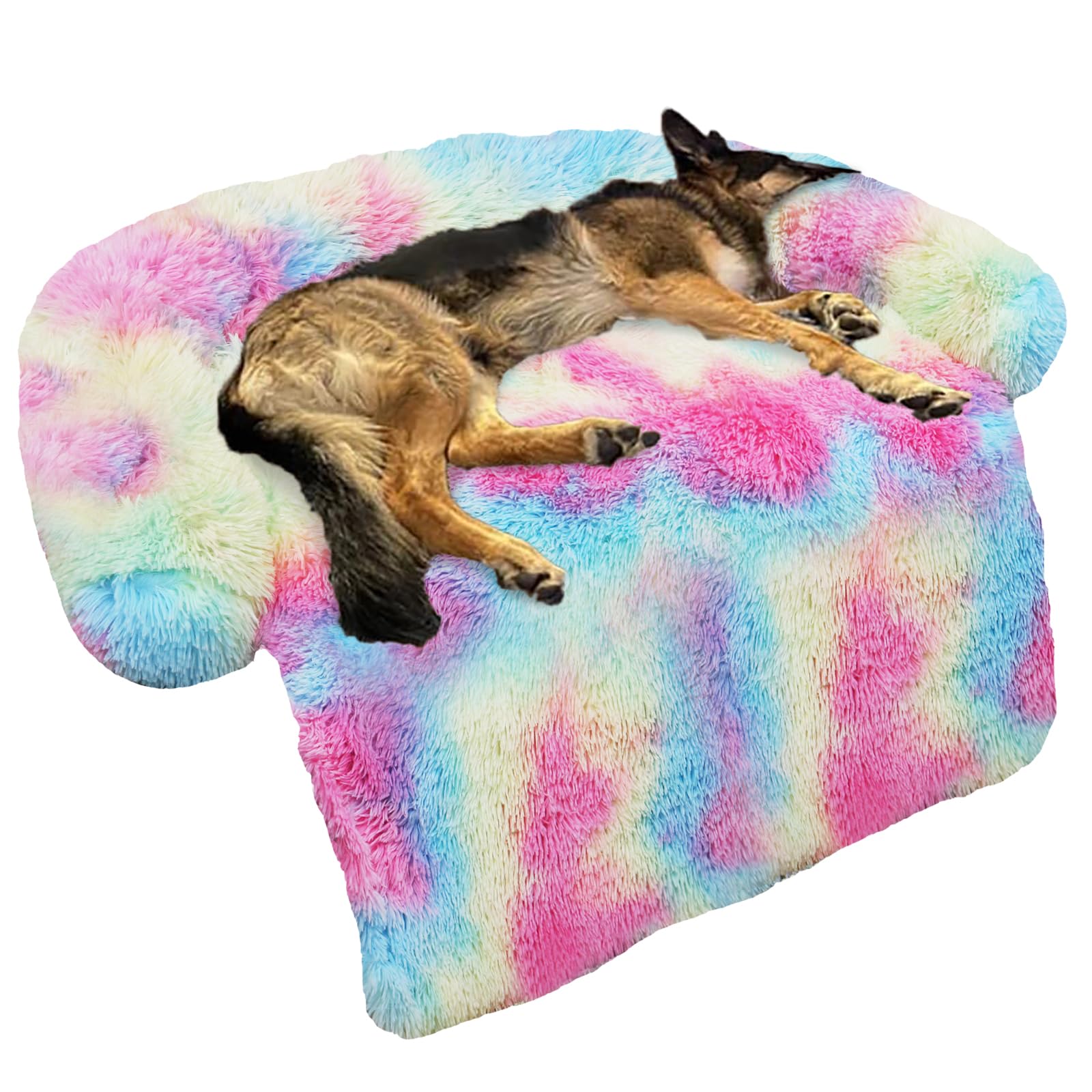 GGIB Calming Dog Bed Fluffy Plush Dog Mat for Furniture Protector with Removable Washable Cover for Large Medium Small Dogs and Cats (Large, Rainbow)