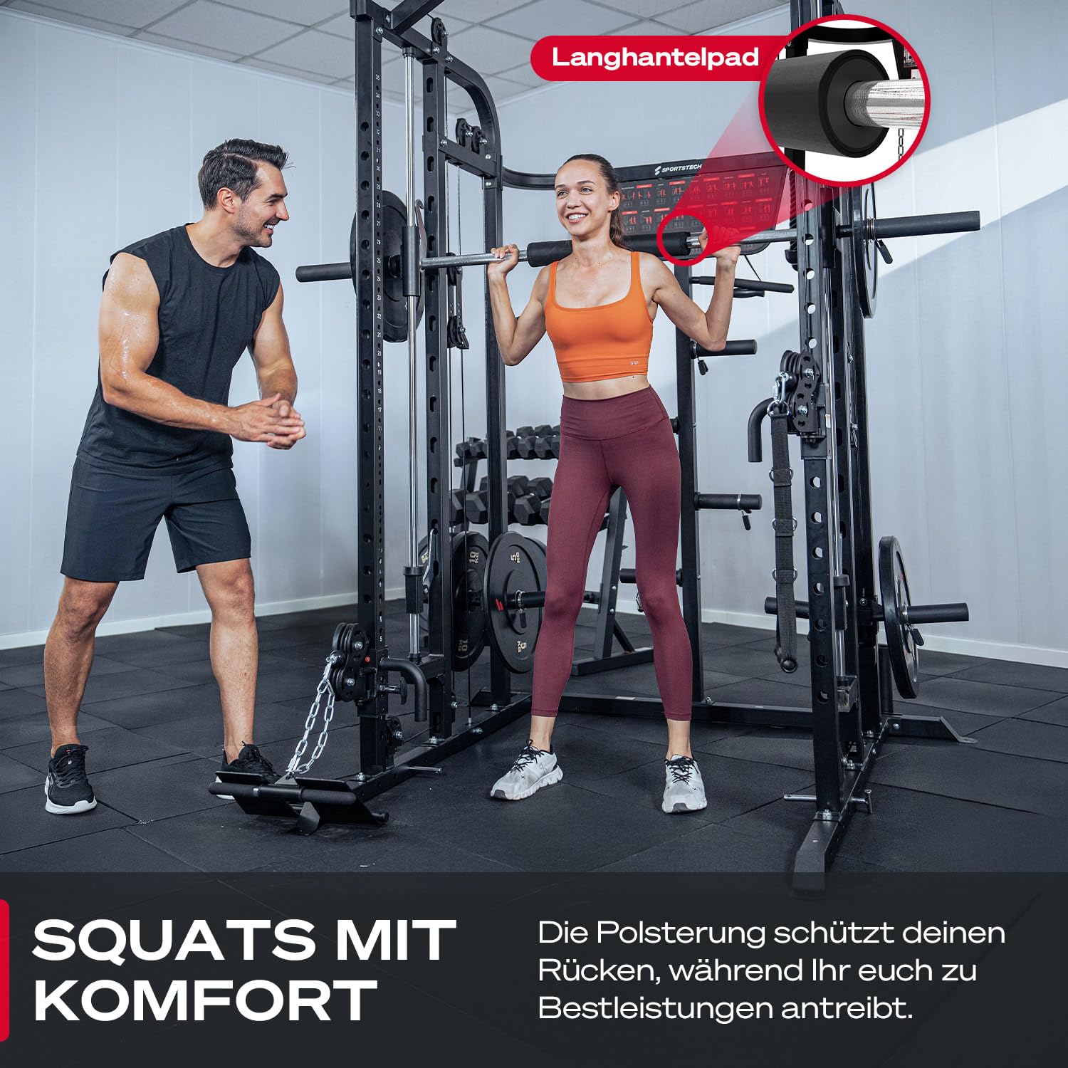 Sportstech SXM150 Smith Machine für Zuhause, Power Rack mit Kabelzug, Klimmzug, Langhantelstange, Bankdrücken, Multipresse, für Gewichtsscheiben, Kraftstation inkl. Griffe, Multifunktional, Home Gym