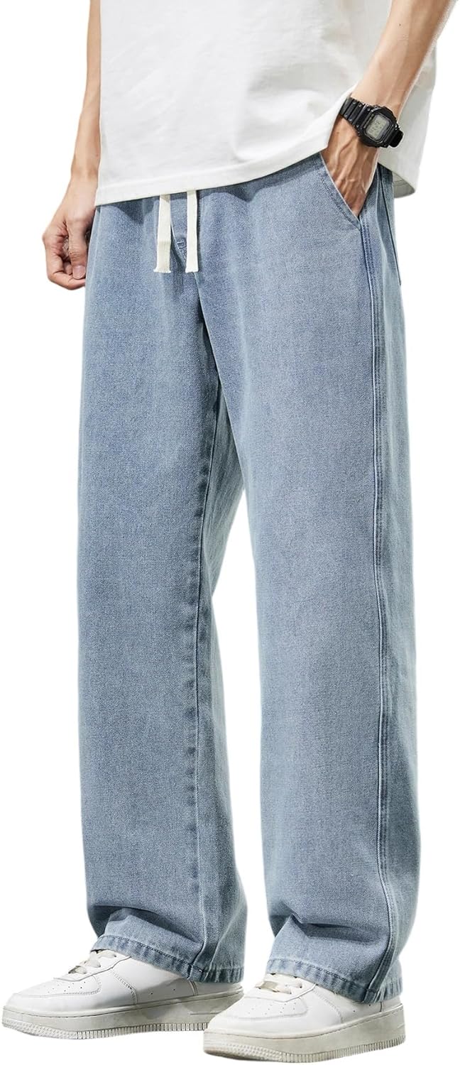Men's Regular Fit Straight Leg Baggy Jeans Drawstring Elastic Waist Loose Fit Y2K Denim Pants with Pockets