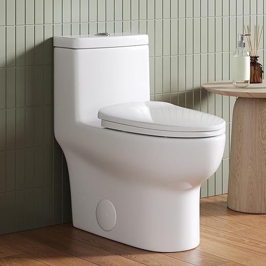DeerValley DV-1F026 Dual Flush Elongated Standard One Piece Toilet with Comfortable Seat Height, Soft Close Seat Cover, High-Efficiency Supply, and White Finish Toilet Bowl (White Toilet)