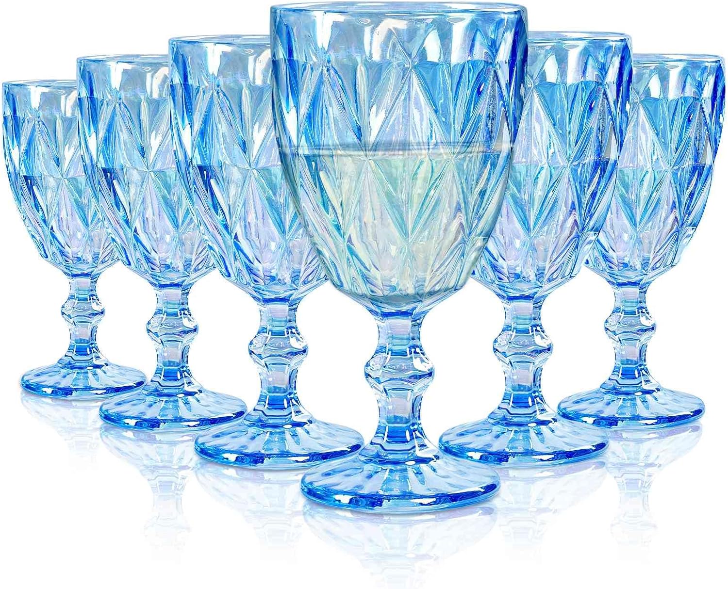 Blue Goblets Set of 6, 10oz Embossed Rhombus Wine Glasses, Blue Water Goblets, Vintage Plating Glassware for Juice Water Red Wine Cocktail Whiskey Wedding Party Everyday