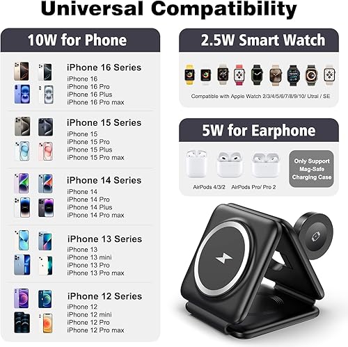 Miniatura 5 de Cargador inalámbrico magnético para iPhone: estación de carga Fodable 3 en 1 para múltiples dispositivos Apple