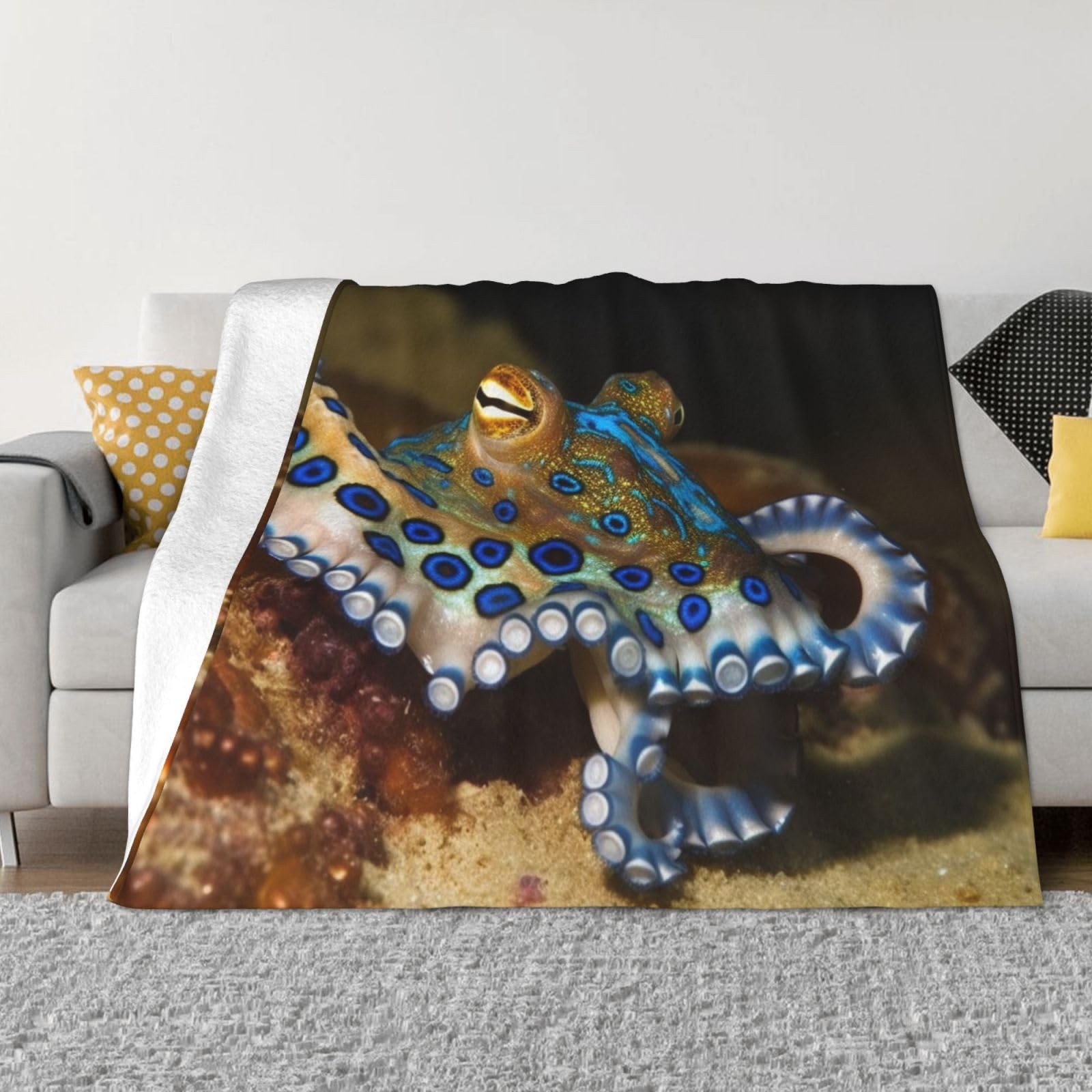 FodPand Blue Ring Octopus Fleece Blanket 60"x50" Lightweight Warm Throw Blanket for Bed Couch Cozy Air Conditioning Quilt All Seasons Decorative Fuzzy Blankets Gifts for Women Men