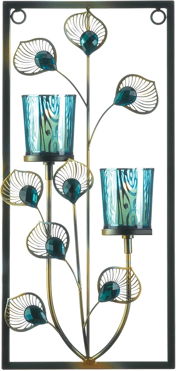 Accent Plus Candle Holder Christmas Decorations Indoor Home Decor Peacock Plume Wall Sconce Candle Holders Christmas Candle Holder Tealight Candle Holder, 7 X 2.5 X 14.75 Inches