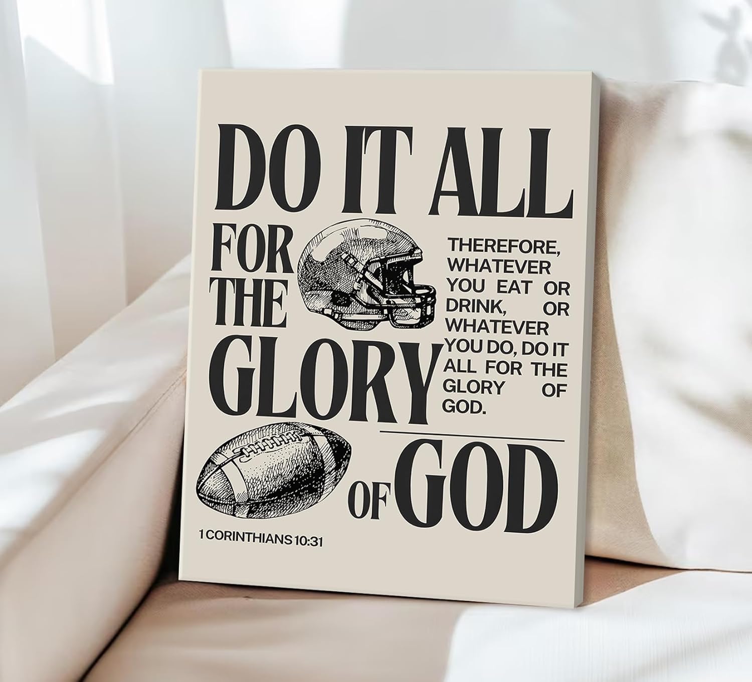 lulsaxi Inspirational Christian Football Canvas Wall Art, 1 Corinthians 10:31 Religious Motivational Sports Quote Poster Print, Wall Decor Artwork for Bedroom Living Room Boys Room Home Decoration