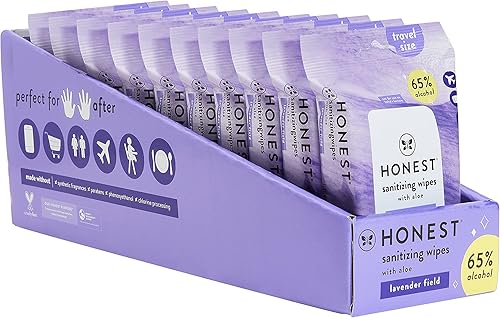 The Honest Company Toallitas desinfectantes con alcohol  Mata el 99% de los gérmenes, hechas con aloe  Lavanda, 150 unidades (10 paquetes de 15)