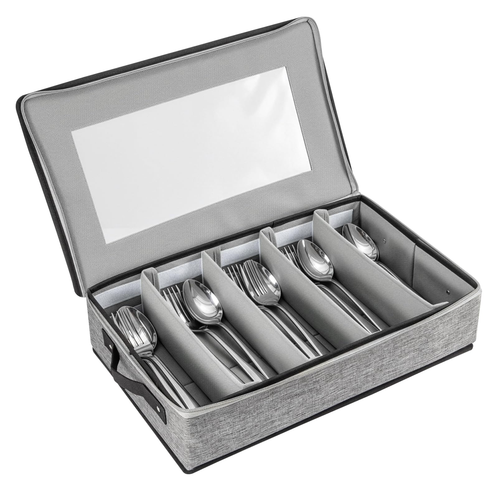 EVERGOODS Flatware Utensil Storage Case with Lid, 5 Compartment Silverware Storage Box with Adjustable Dividers, Hard Shell Cutlery Organizer with Handles for Knives, Forks & Spoons — image 1