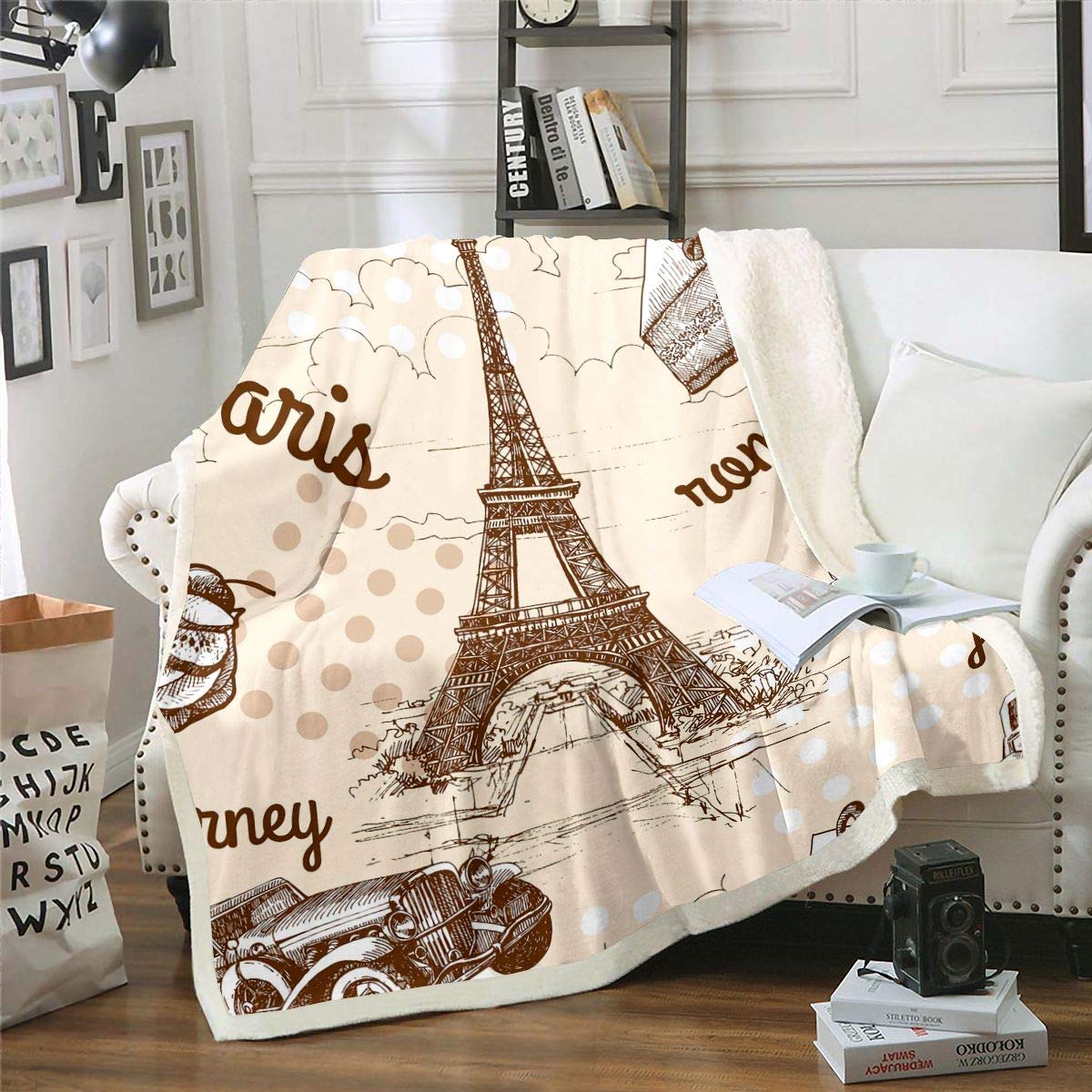 Loussiesd Eiffel Tower Fleece Throw Blanket Paris Sherpa Blanket for Bed Sofa Paris Cityscape Modern French Romantic Style Polka Dots Room Decor King 87"x94"