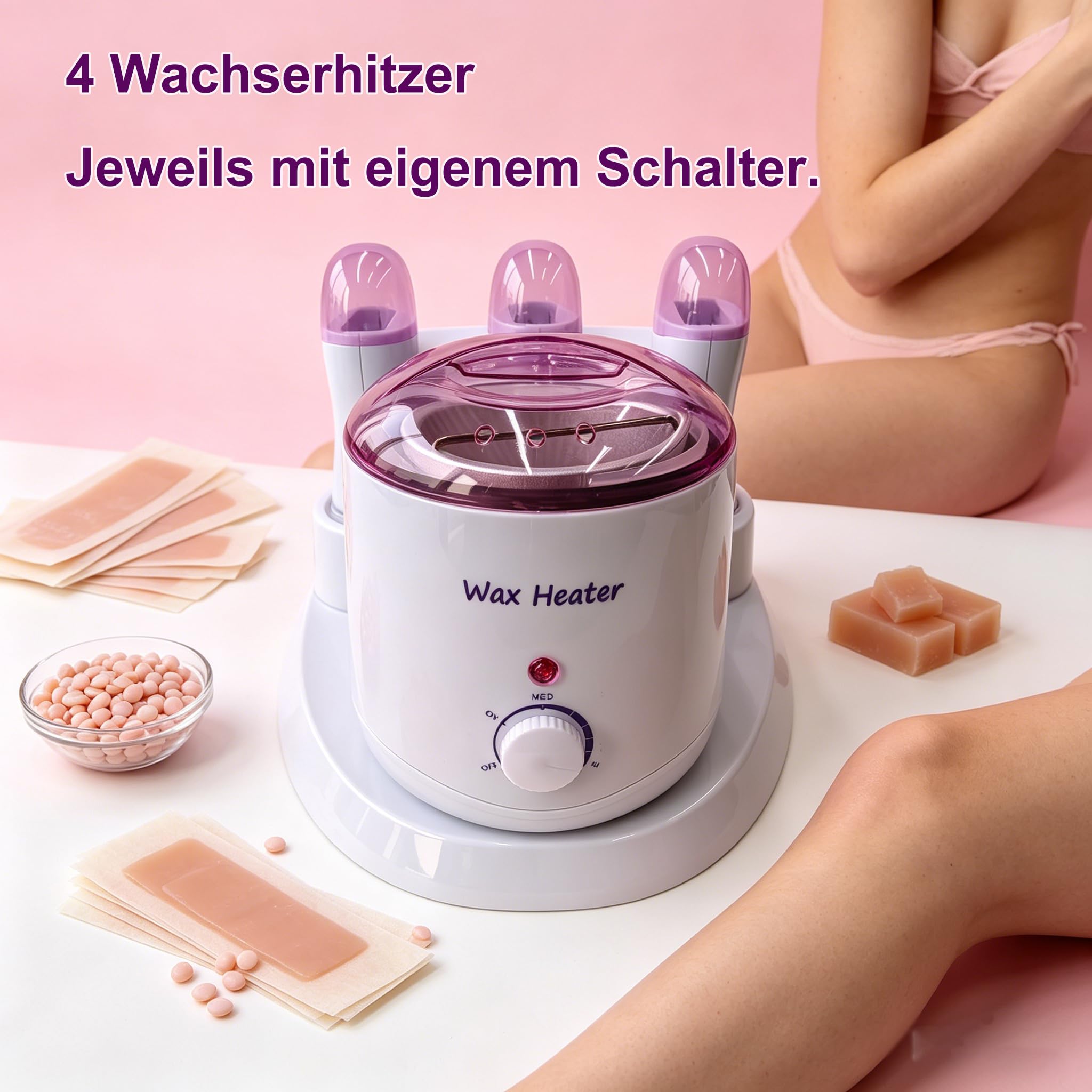 4 in1 Professioneller Wachswärmer, 800ml Wax Maschine + 3×100g Roll on Heißwachsgerät mit separaten Schaltern, Wachsgerät zur haarentfernung, Waxing Set für Ganzkörper-Haarentfernung