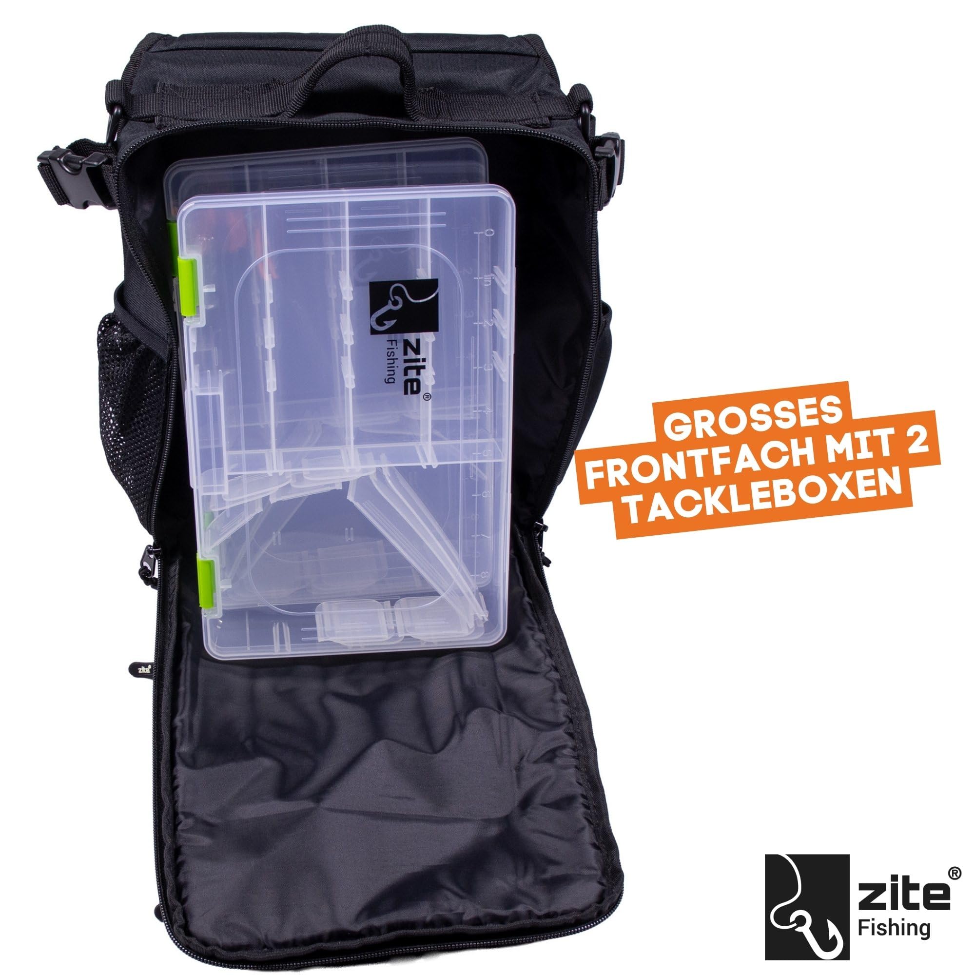 Zite Fishing Slingbag Angeln | Angelrucksack mit 2 Tackleboxen für Angelzubehör | 36×25×13cm Angeltasche | Umhängetasche Extra dickes Rückenpolster | Flaschenhalter & Ideal für Spinnfischen