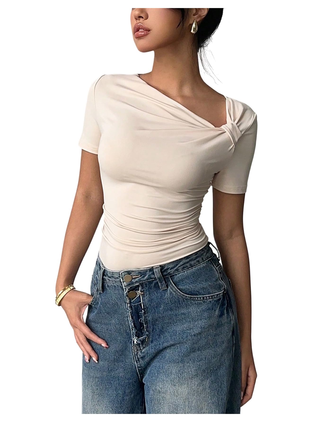 MakeMeChic Women's Off The Shoulder Tops Bow Y2k T Shirt Short Sleeve Fitted Summer Tee