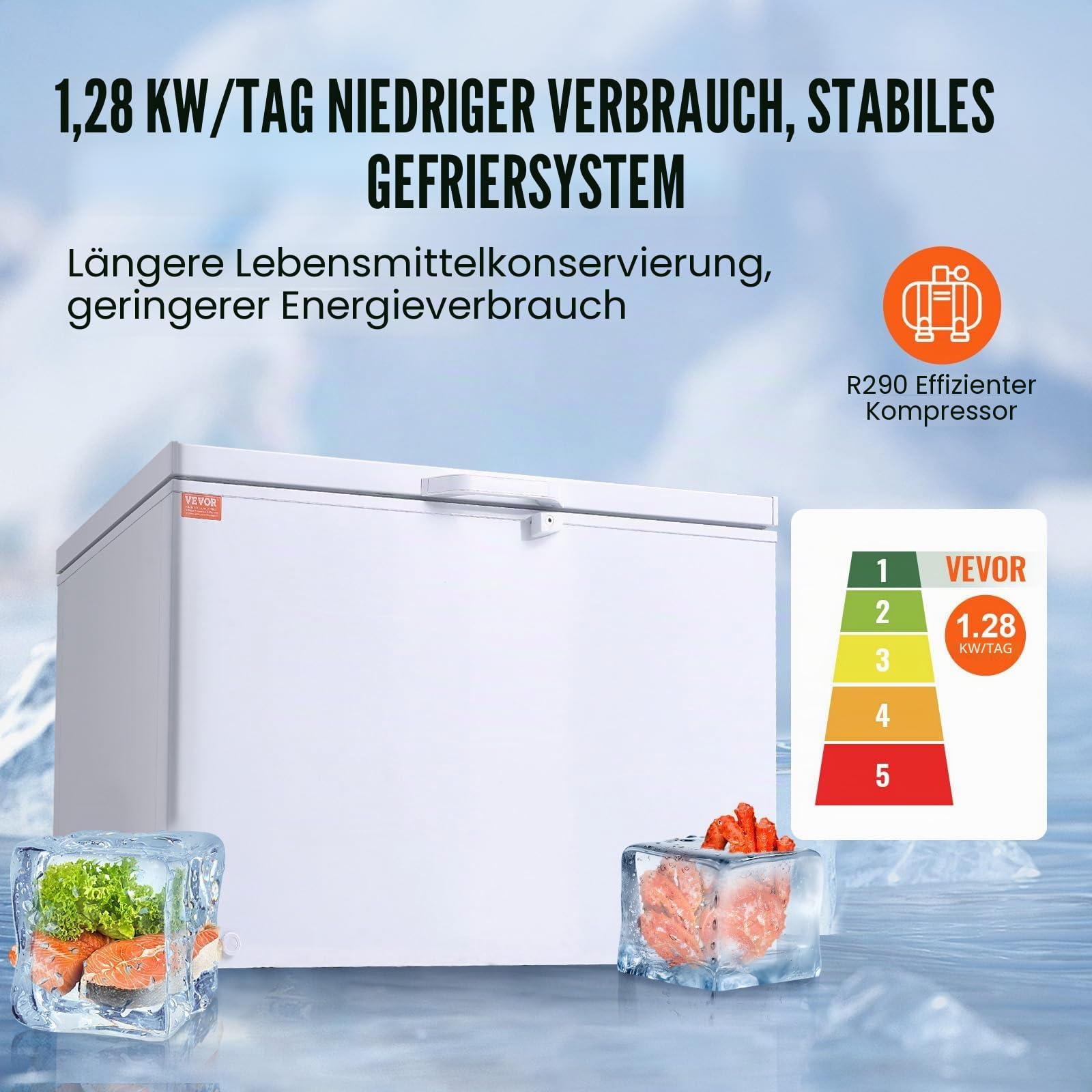 VEVOR Gefriertruhe, 345 L Tiefkühltruhe & 4 Herausnehmbare Körbe, Freistehende Gewerbliche Gefriertruhe mit Offener Tür von Oben & Verschließbarem Deckel, 7-stufig Einstellbare Temperatur