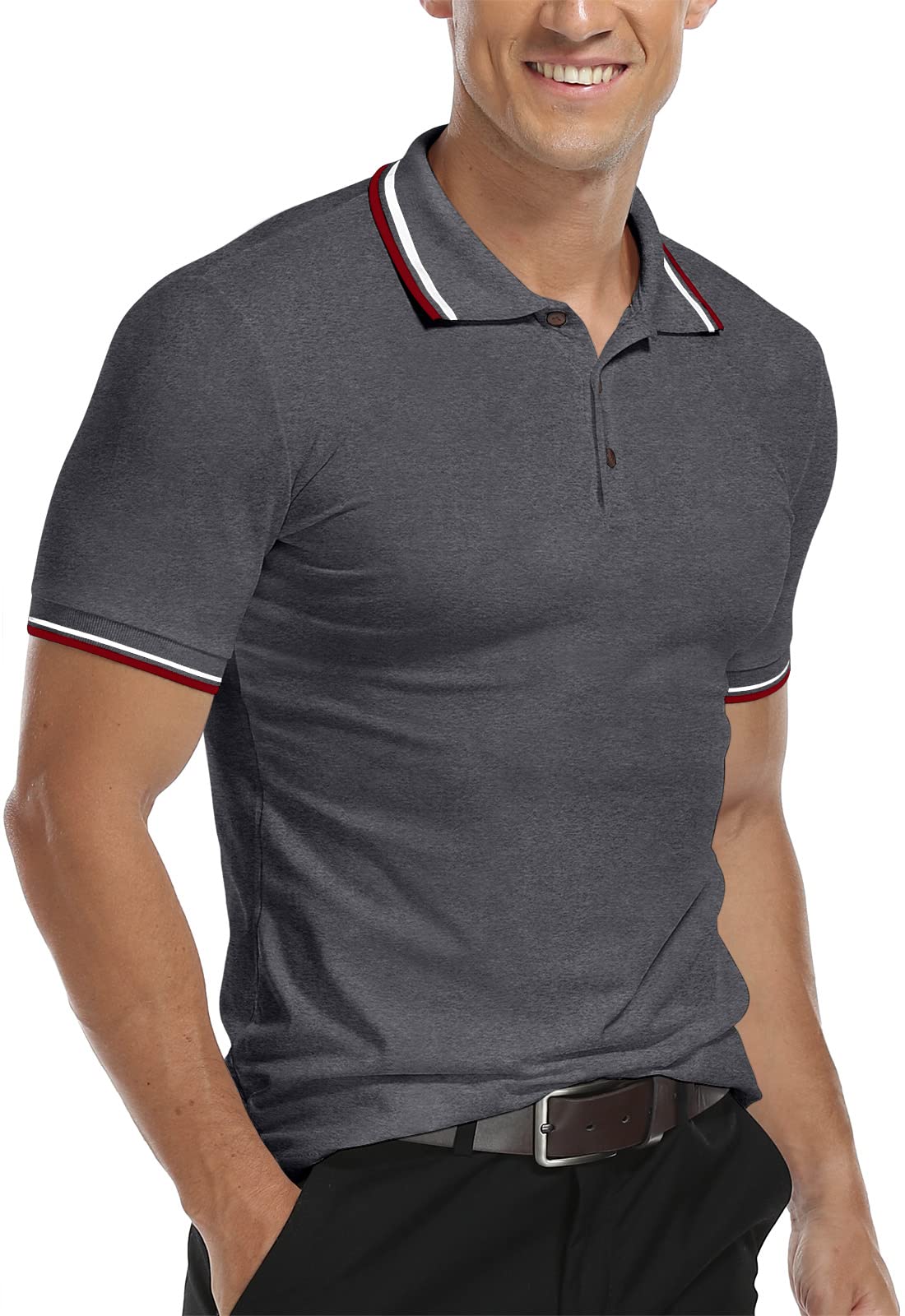 MLANMMen's Polo Regular-Fit Quick-Dry Golf Striped Short Sleeve Collared T-Shirts