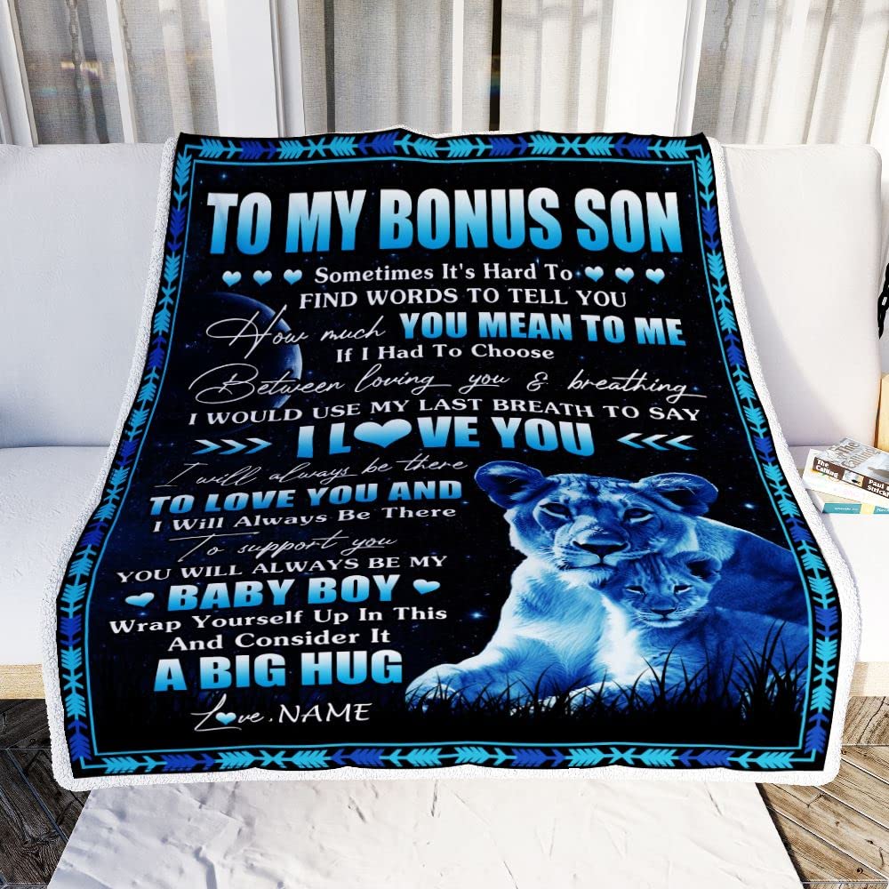 TeesNow Personalized to My Bonus Son Blanket from Stepmother You Mean to Me My Baby Boy Lion Stepdaughter Birthday Graduation Christmas Customized Fleece Blanket (30 x 40 in Baby Size)