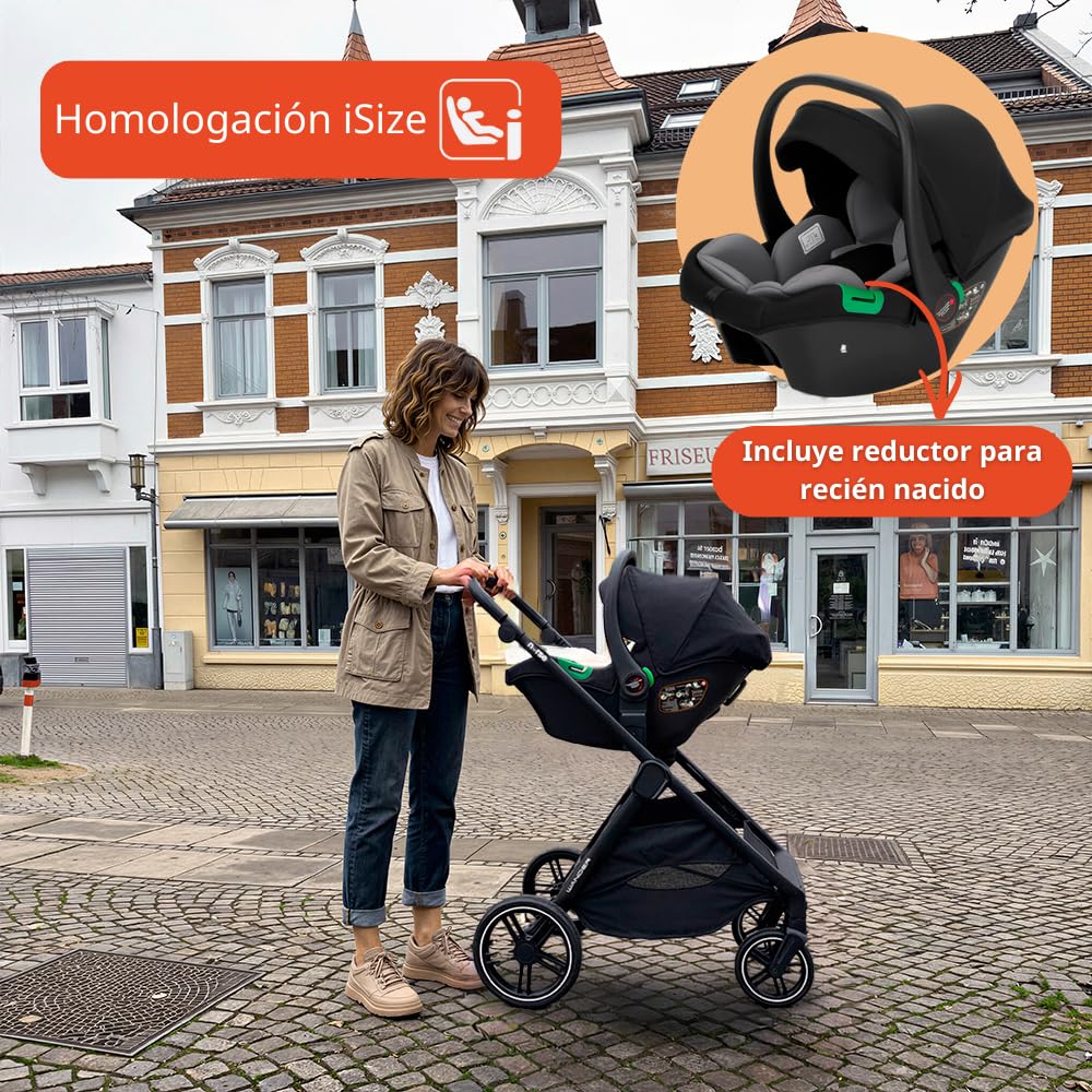 Nurse Wander C Trio Carrito de Bebé 3 en 1, Capazo Convertible en Hamaca y Silla de Coche i-Size, Plegado Compacto, con Accesorios, Gris