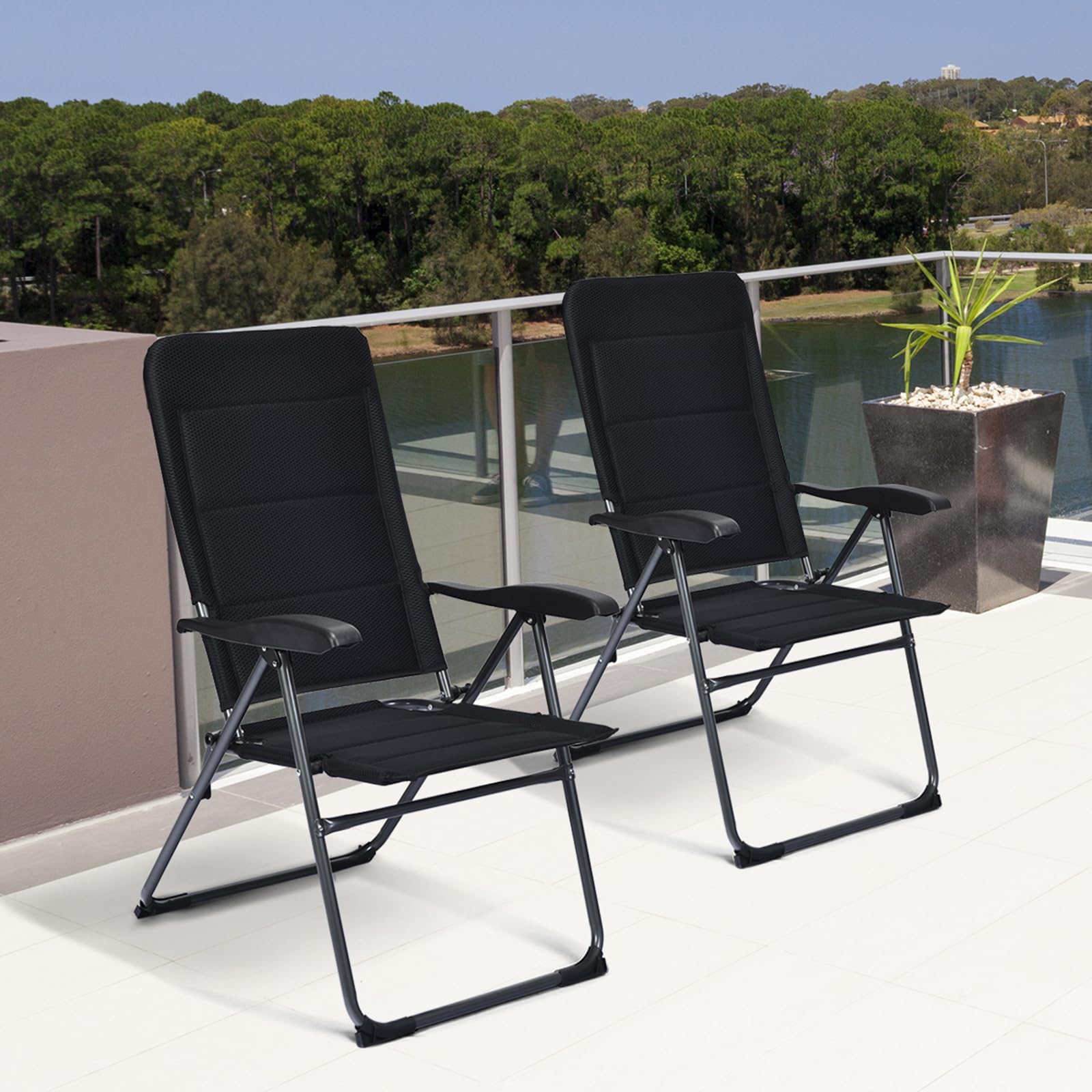 KOMFOTTEU Juego de 2 Sillas de Jardín Plegables, Sillas Acolchadas de Tela con Respaldo Reclinable de 7 Posiciones y Marco de Metal, Sillones de Camping para Piscina, Porche, Patio, Carga de 150 kg