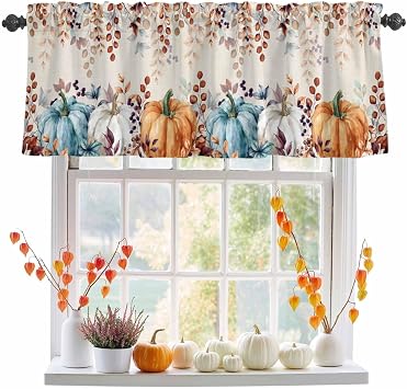 Fall Valance for Windows Autumn Pumpkin Curtains Valances Harvest Thanksgiving Rod Pocket Valance Window Treatments Maple Leaves Short Curtains for Kitchen Living Room Bedroom Window 1 Panel 54x18