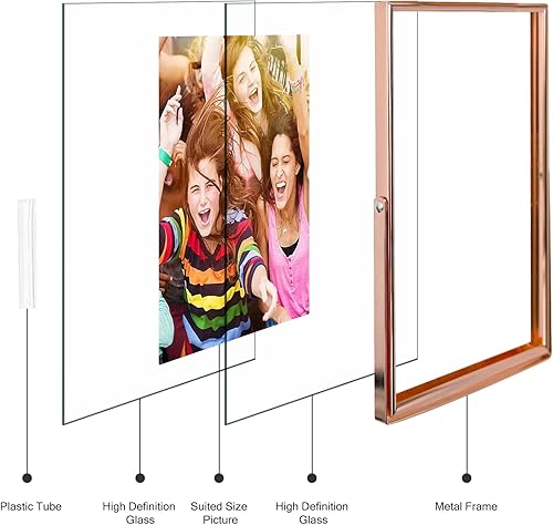 Miniatura 6 de Marcos flotantes de 5 x 7, 4 x 6, 4 x 4 con vidrio, marcos de fotos de metal para exhibición independiente de mesa, juego de 3 unidades color oro