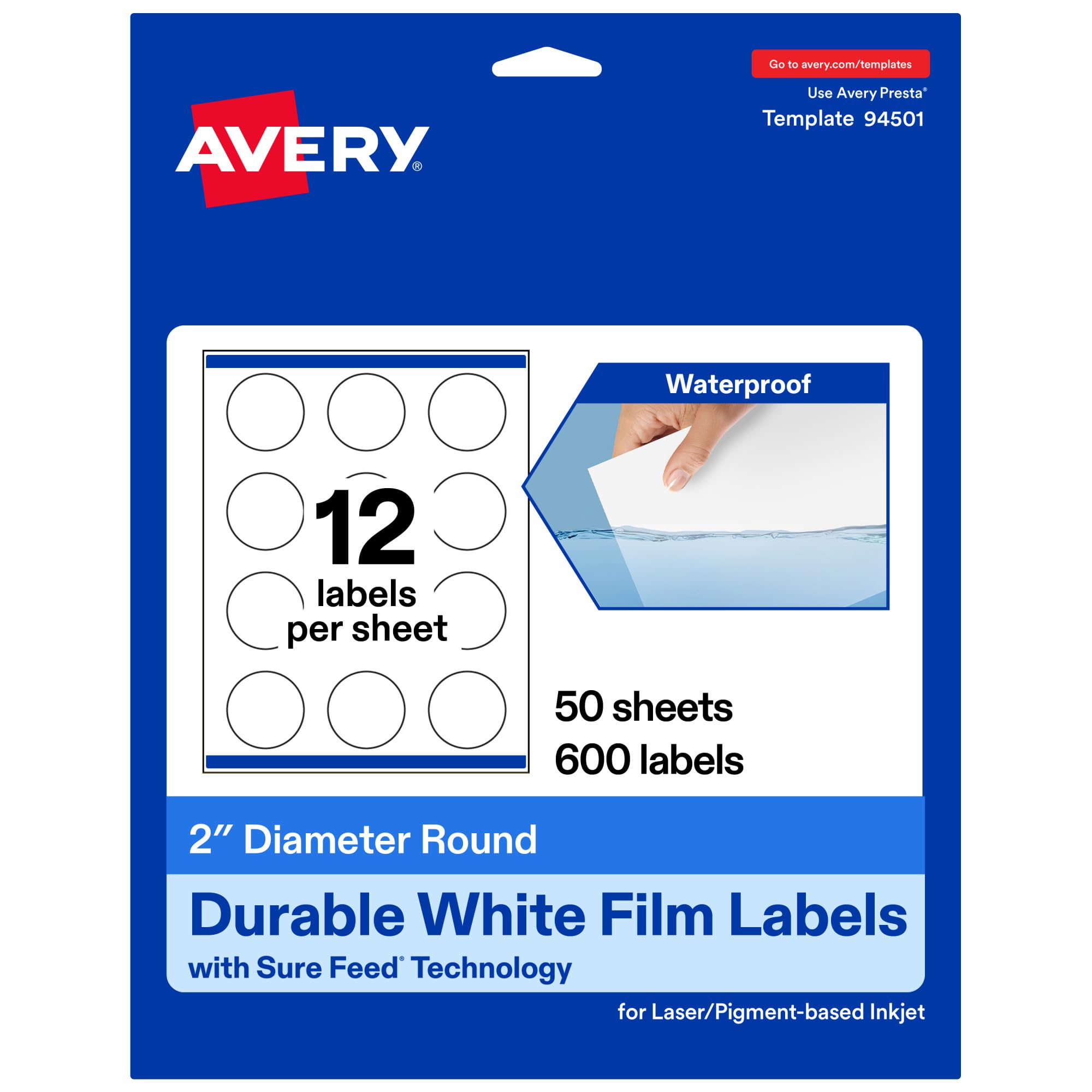 Avery Etichette rotonde impermeabili durevoli con alimentazione sicura, diametro 5,1 cm, 600 etichette impermeabili resistenti agli strappi e all'olio, etichette stampabili a getto d'inchiostro a base