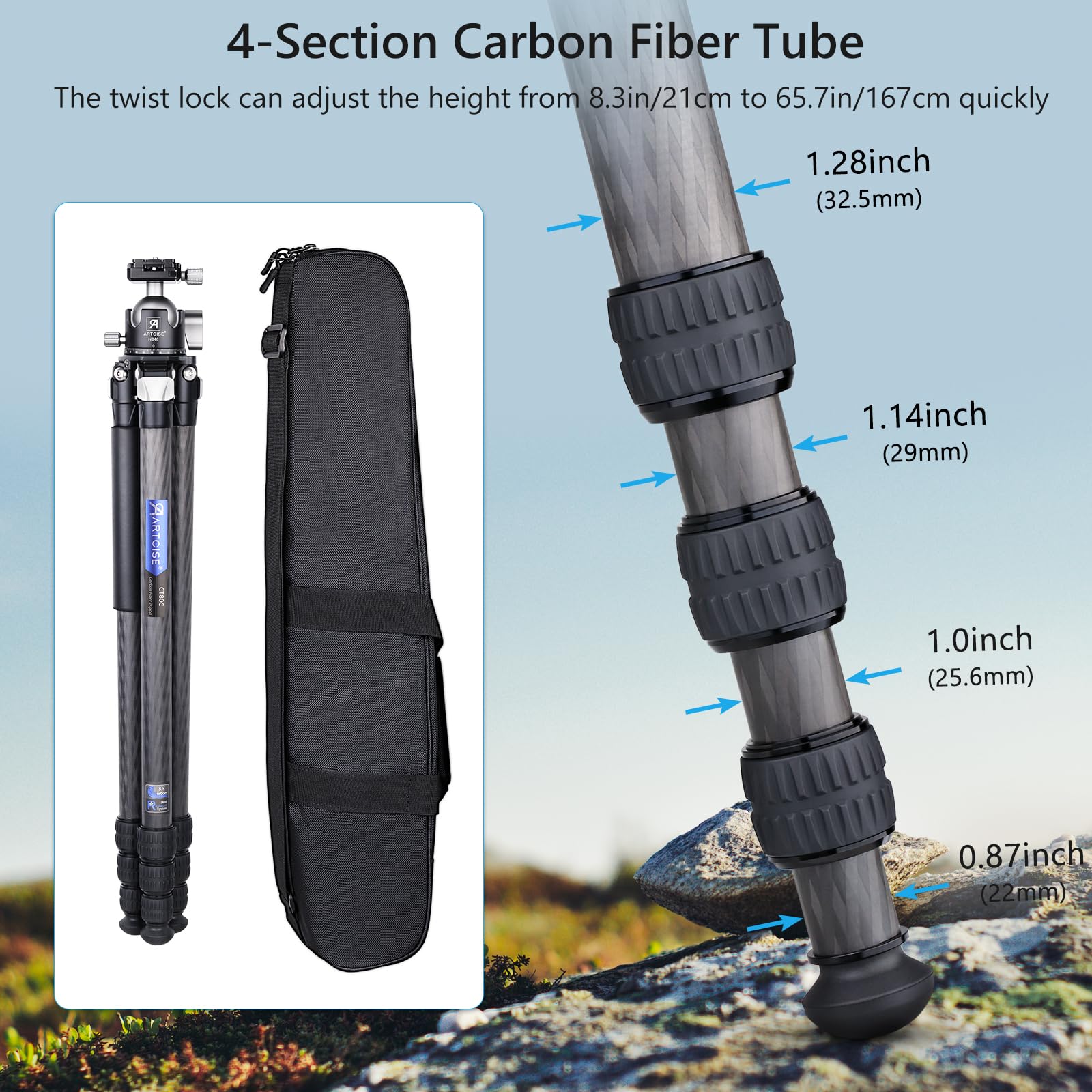Trípode compacto para cámara de carbono con bola de 46 mm, cabezal de trípode de perfil bajo de 32,5 mm, tubo de pierna máximo, estable y ligero, soporte de viaje de fibra de carbono con cabezal de