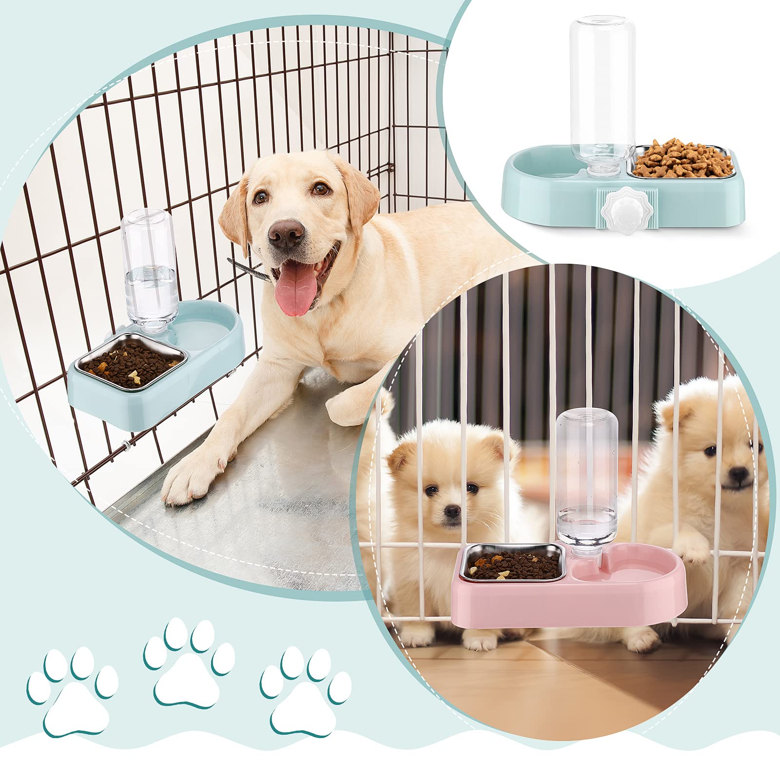 Lot de 2 gamelles doubles pour chien et chat - Gamelle 2 en 1 à suspendre - Gamelle en acier inoxydable amovible et distributeur d'eau automatique pour petit chien, chat, lapin, oiseau