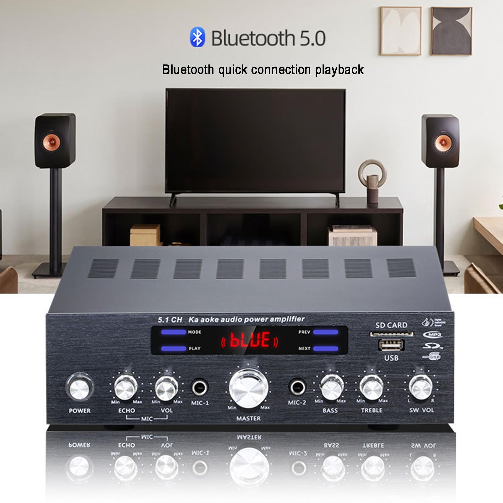 Amplificatore Bluetooth 5.1, Amplificatore Audio Stereo HiFi per Altoparlanti, con Display LCD E Telecomando, Ingresso USB/SD/RCA/Mic