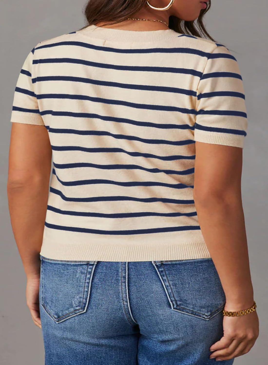 Eytino Women Plus Size Sweater Tops Short Sleeve Crewneck Striped Tshirts Casual Summer Blouses Shirts(1X-5X) - Image 2