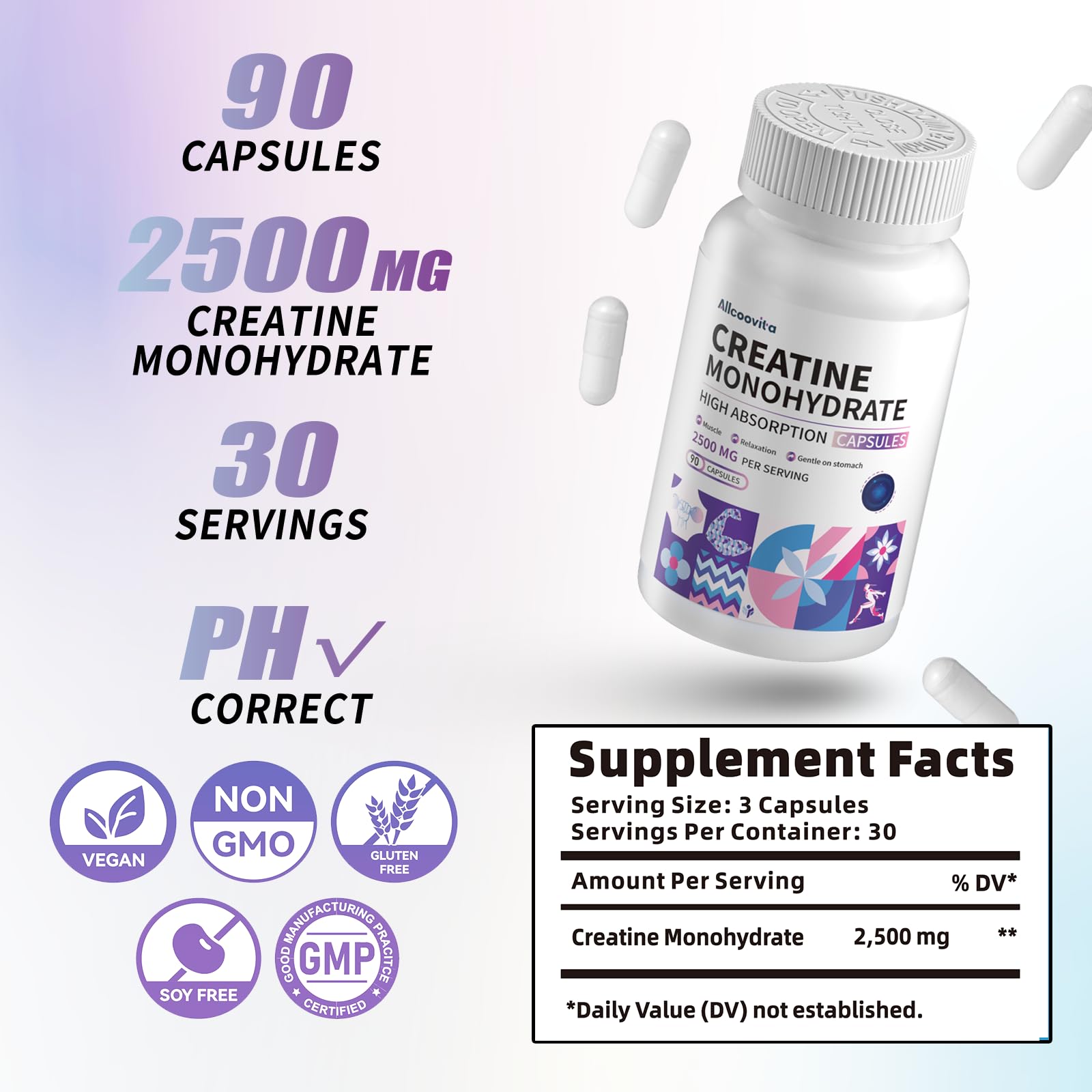 Allcoovita Creatine Monohydrate Capsules -3 Creatine Capsules per Serving, 2500mg, Gluten Free, 90 Capsules