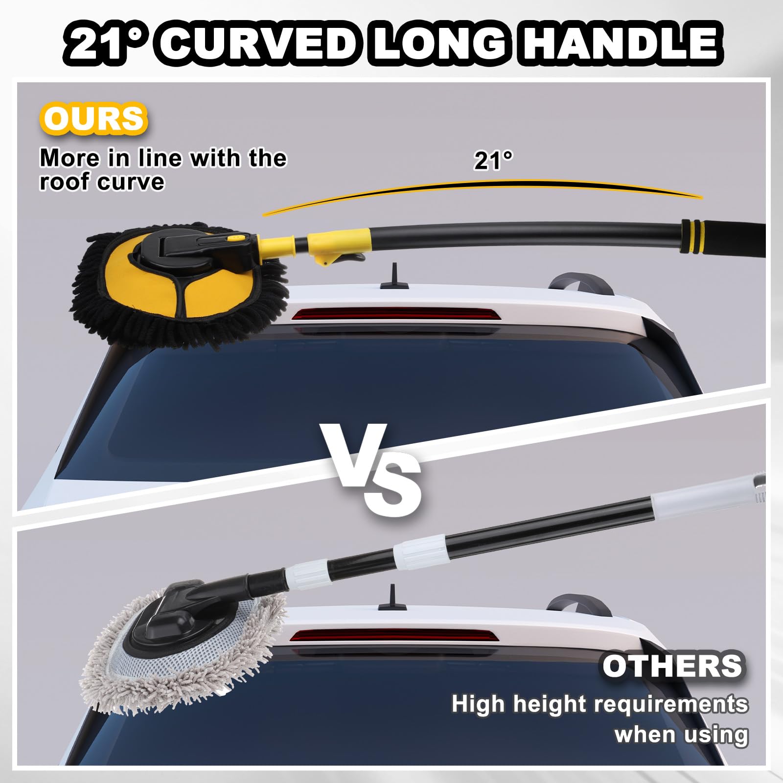 sourcing map Cepillo de limpieza curvado de 21° de chenilla suave para lavado de coche, sin arañazos, con mango telescópico largo para limpieza de coche, caravana, SUV, camión