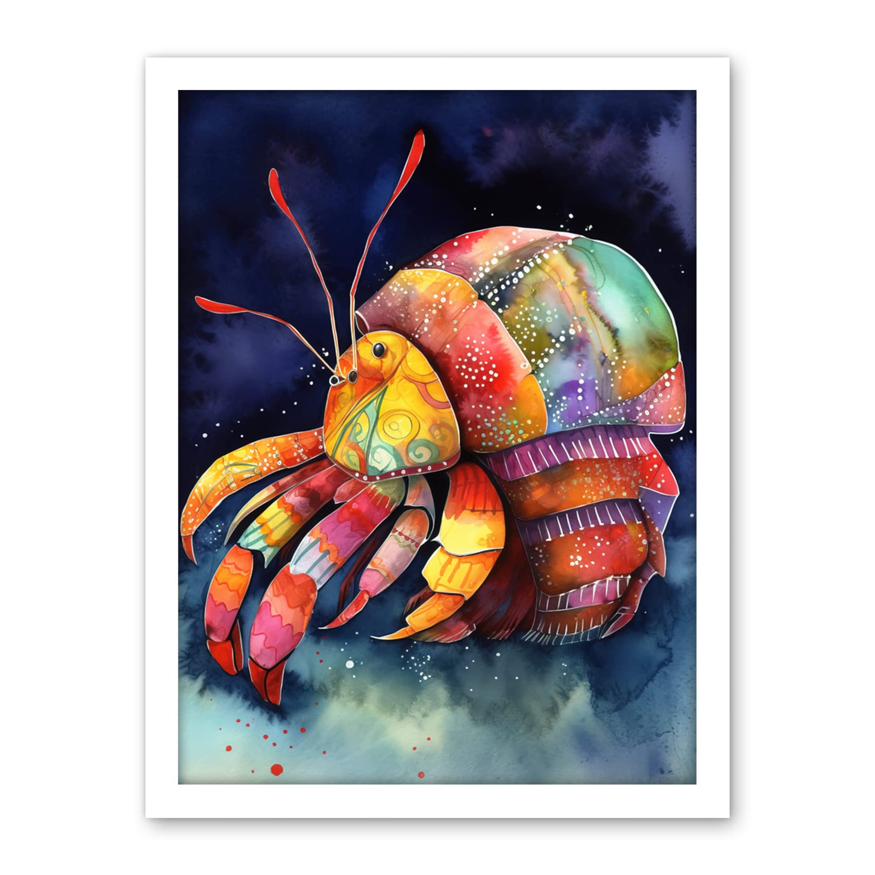 Artery8 Hermit Crab Vibrant Folk Art Watercolour Painting Artwork Framed Wall Art Print 18X24 Inch
