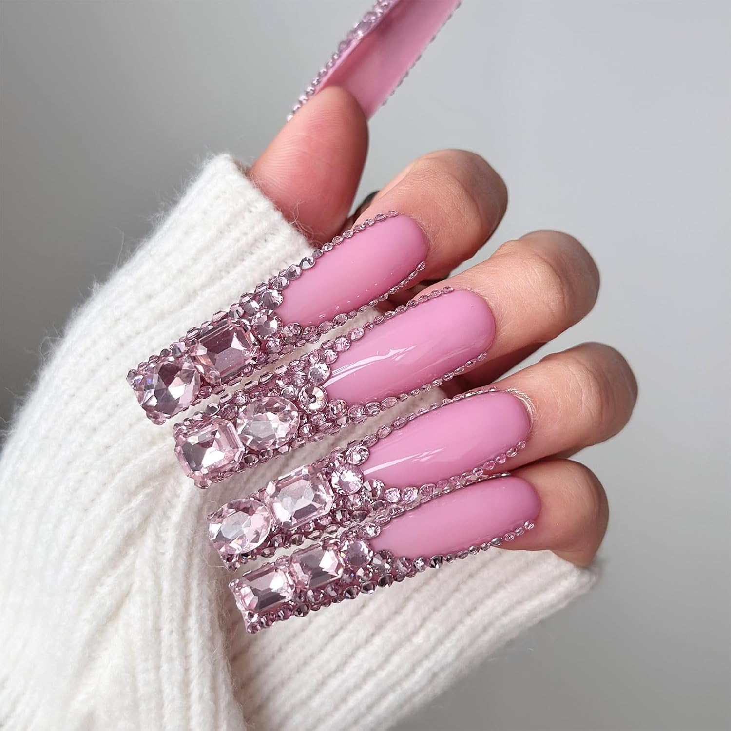 50mm handmade real fake nail glue series luxury rhinestone French extra long pressed fake nails long coffin fake nails ballerina glue nails, shiny female sticker nails (luxury rhinestone-L)