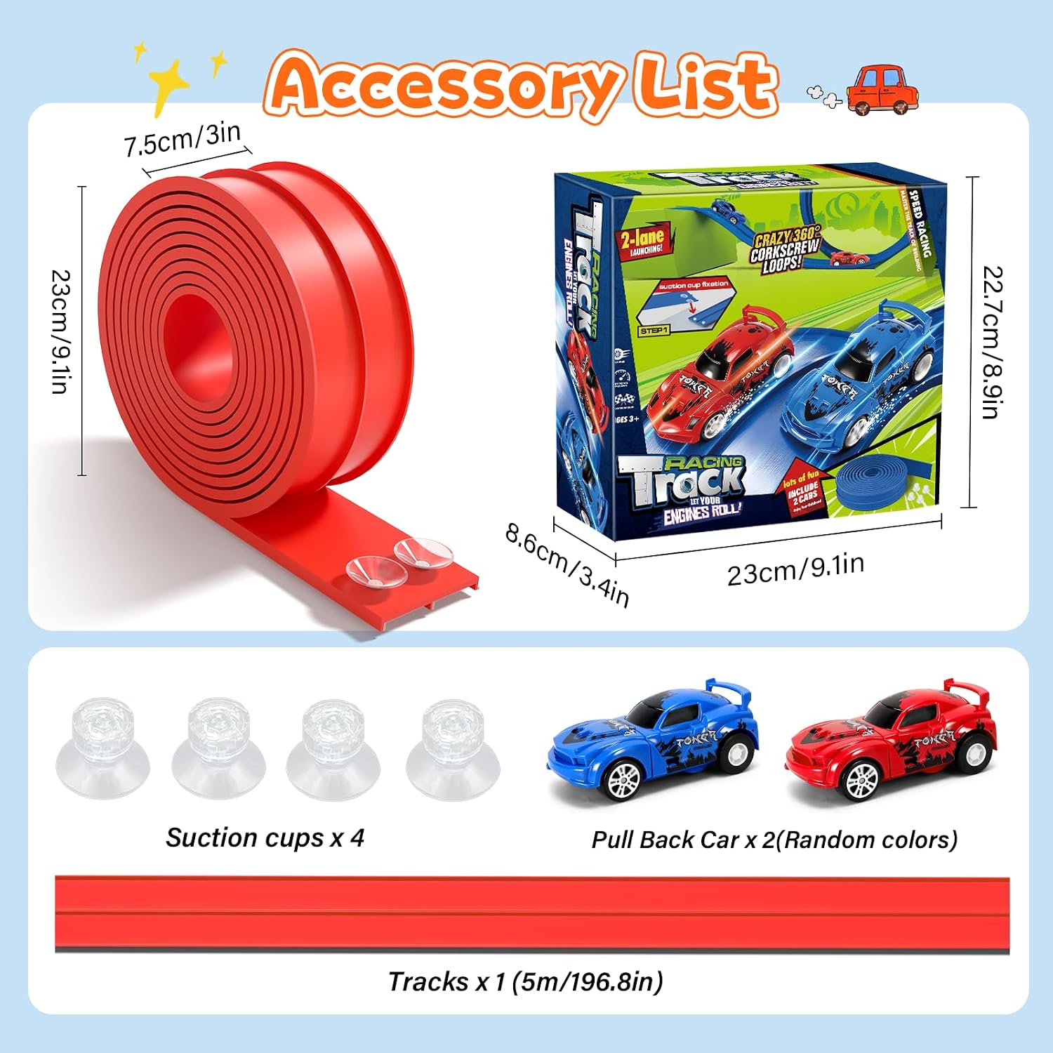 KETIEE Flex Tracks 16 Ft for Kids, Flexible Race Car Ramp Track with 2 Small Racecars and 4 Suction Cups Compatible with Diecast 1/64th Cars,Rolls Up Portable Racetrack for Ages 3 & Up