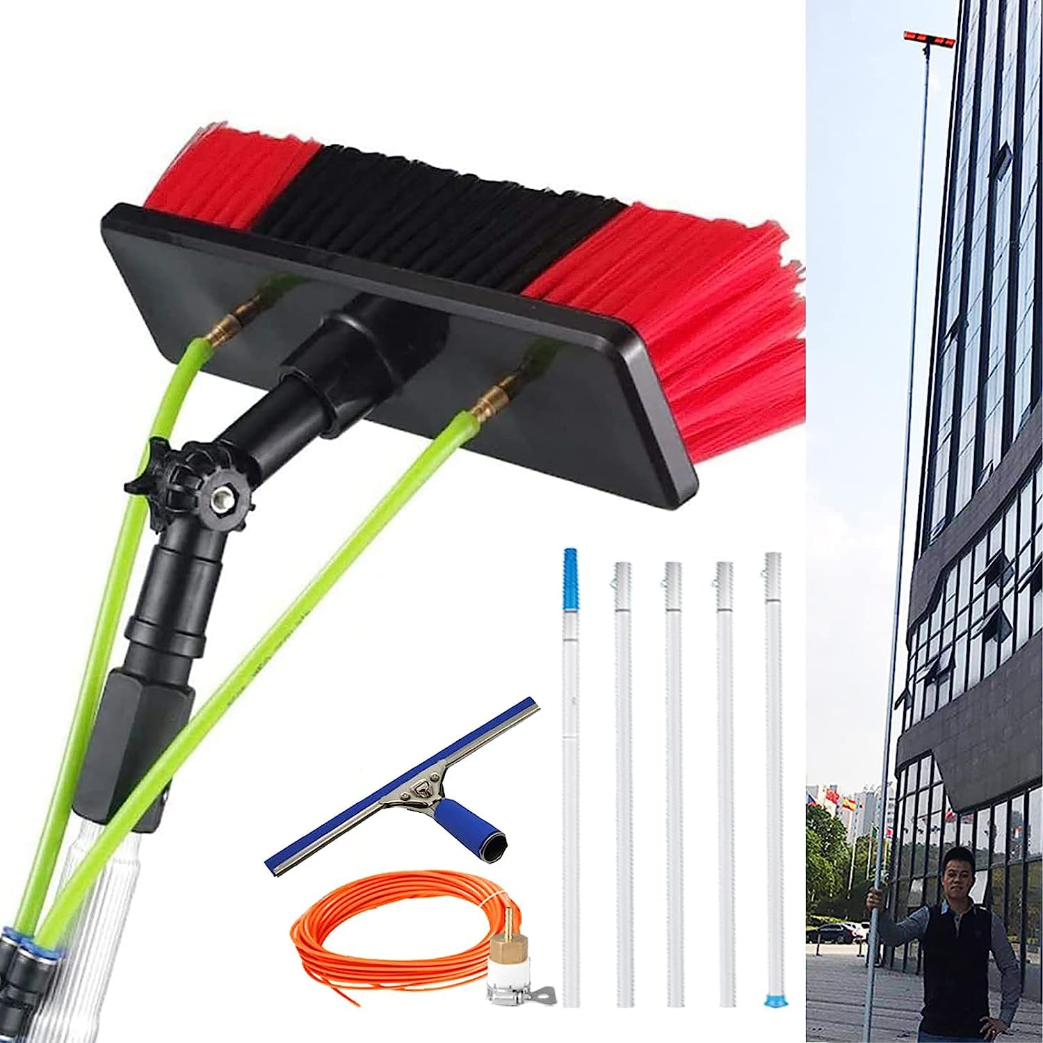 LMMIAOZ 3-12M Water Fed Window Cleaning Pole & Telescleaner Brush with Squeegee for Photovoltaic & Solar Panel Cleaning - 30Cm Brush, Extendable 5M Pole
