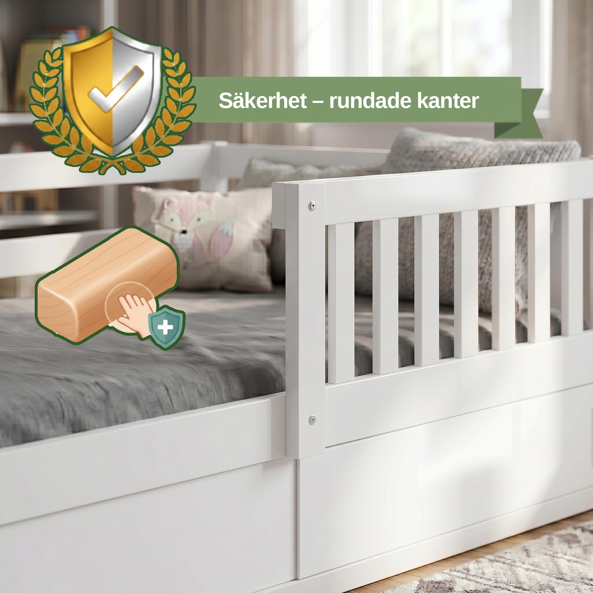 Interbeds Kinderbett 80x160 cm aus Holz in Weiß mit Rausfallschutz – Montessori Bodenbett mit Schutzbarriere und Stauraum, Kinderbett für Jungen und Mädchen, Naturholz Smart (weiß)