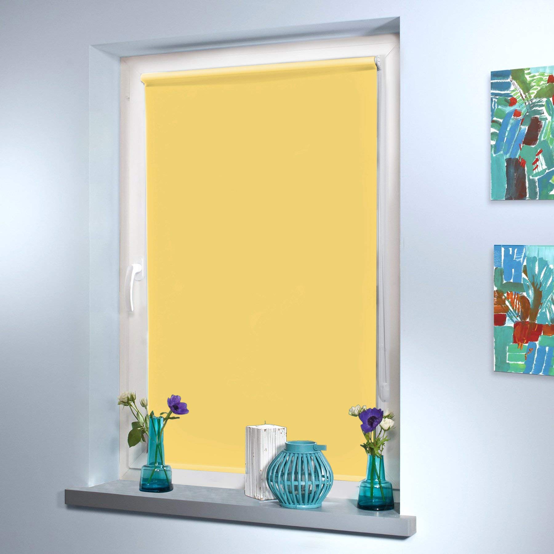 Verdunkelungsrollo nach Maß, Rollo Maßanfertigung Innenrollo, Rollos nach Maß, Blickdicht, Lichtundurchlässig, für Fenster & Türen, Klemmfix ohne Bohren (220cm Höhe x 90cm Breite/Gelb)