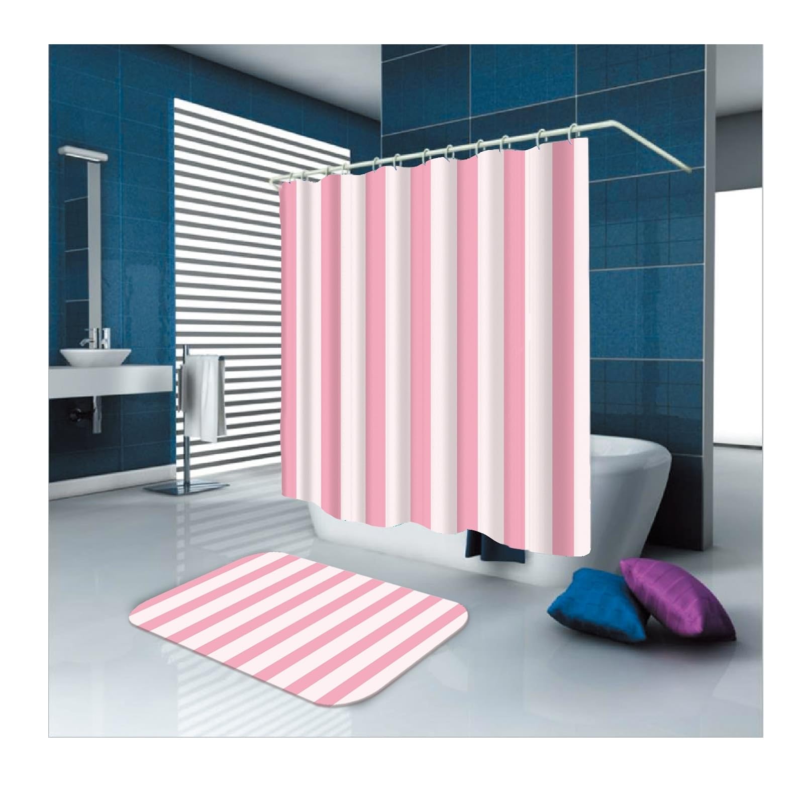 Rideau de douche 180 x 200 cm - Tissu textile - Rose et blanc - Motif à rayures roses et blanches - Anti-moisissure - Polyester imperméable - Lavable - Pour salle de bain - Pour baignoire