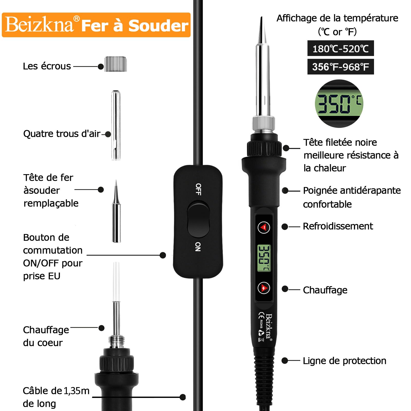 Fer à Souder Kit 80W Température Réglable 180-520°C Electronique de Precision avec Interrupteur ON/OFF, 5 Conseils de soudage, Pompe à Dessouder, Fil de Soudure, Station de Soudage, Pincettes - 5