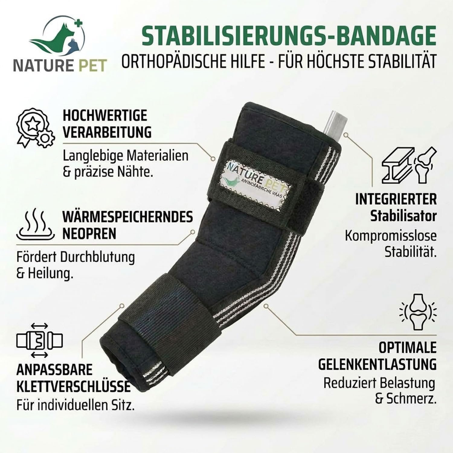 Nature Pet SPRUNGGELENK BANDAGE HUND HINTERBEIN – Sprunggelenk Bandage mit Leckschutz Hund – verstellbare Tarsal-Stulpen für Hunde zur Stabilisierung & Schutz des Hinterbeins – 165° Winkel/Größe L