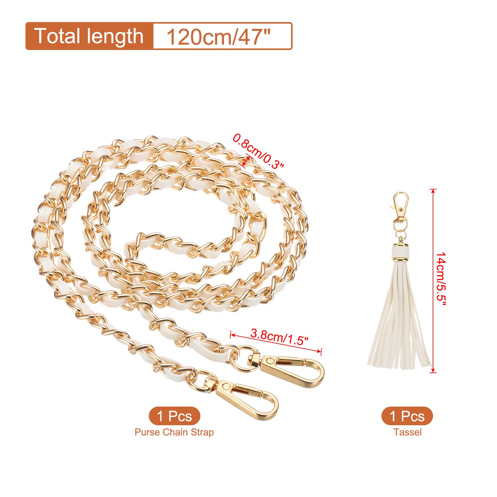 PATIKIL Purse Chain Strap, 47 Inch Leather Chain Straps Purse Strap Replacement with Tassel for Crossbody Bag Handbag Woman White/Gold - Image 2