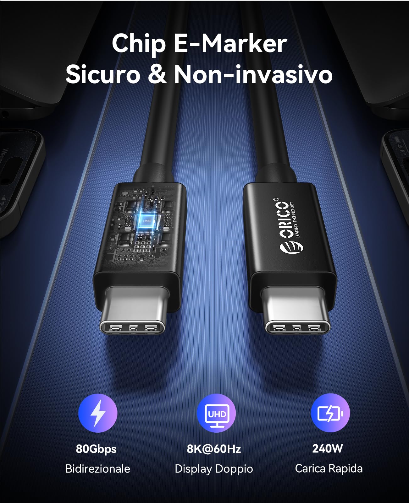 ORICO Cavo Thunderbolt 5, 80Gbps Cavo da USB-C a USB-C, Ricarica 240W, Larghezza di Banda Fino a 120Gbps, Visualizzazione 8K, Compatibile con Thunderbolt 5/4/3, iPhone 16, MacBook