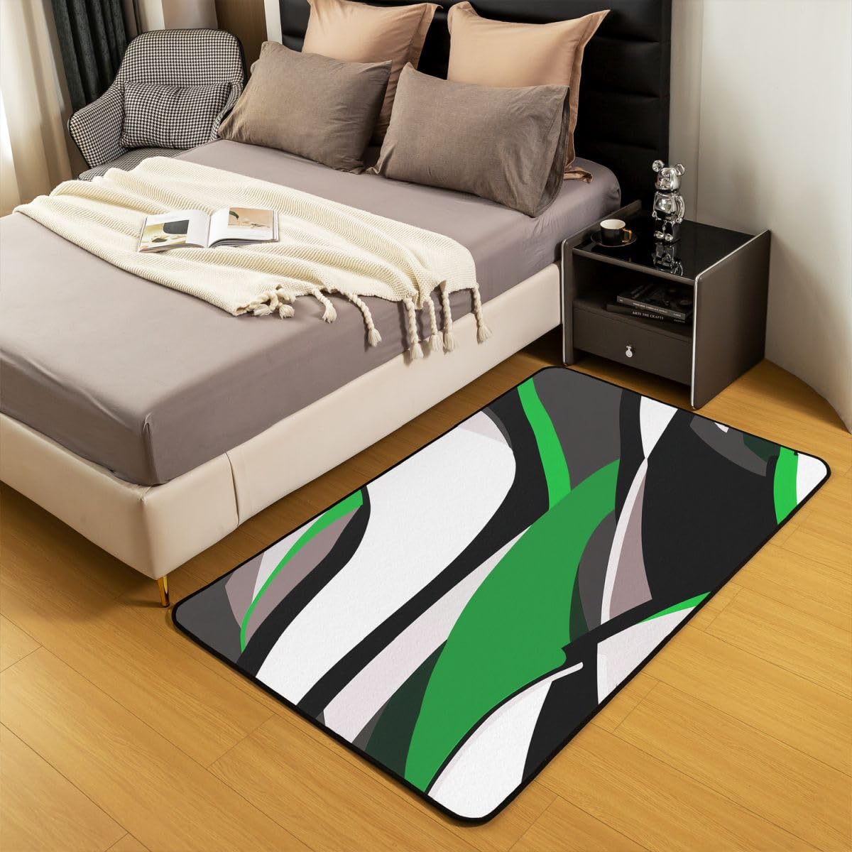 Homewish Grün Gestreift Geometrisch Teppich Wohnzimmer 100x150 Schwarz Weiß Grau Abstrakt Teppiche Aquarell Graffiti Kunst Rugs for Living Room Modern Minimalistisch Neutral Carpet Pflegeleicht