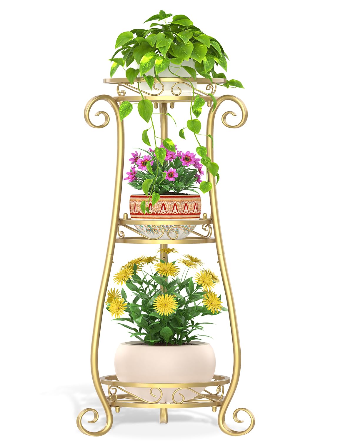 VASZOLA 3 Tier Gold Metal Plant Stand for Multiple Large Planters Indoor Outdoor Organizer, Heavy Duty Tall Flower Stand for Corner Patio Bathroom Office, Modern Sturdy Vertical Iron Rack, Cat Proof